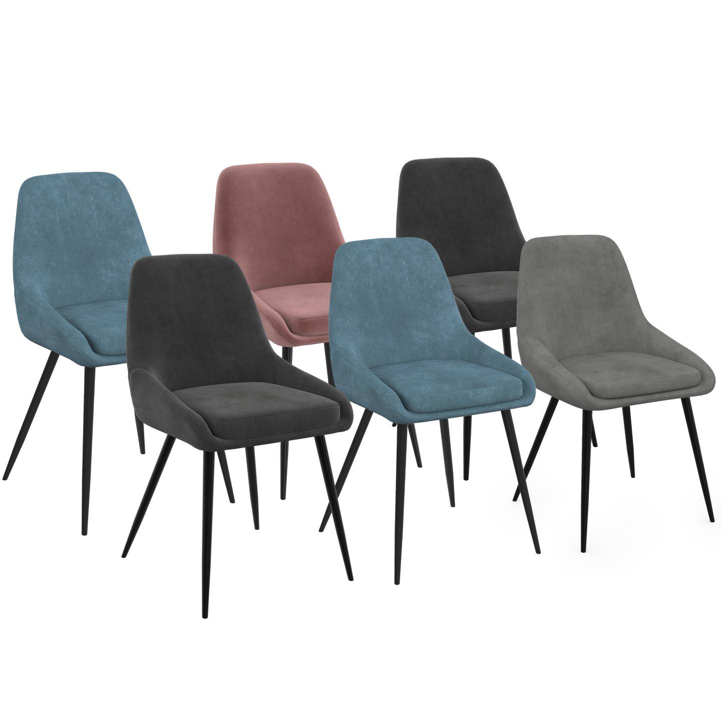 IDMARKET - Lot de 6 chaises THALYA en velours mix color pastel bleu x2, gris foncé x2, gris clair, rose avec accoudoirs - Image 2