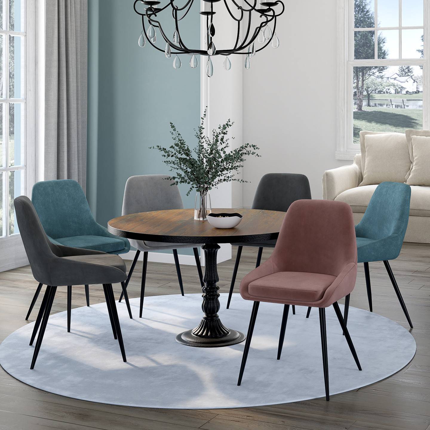 IDMARKET - Lot de 6 chaises THALYA en velours mix color pastel bleu x2, gris foncé x2, gris clair, rose avec accoudoirs - Image 1