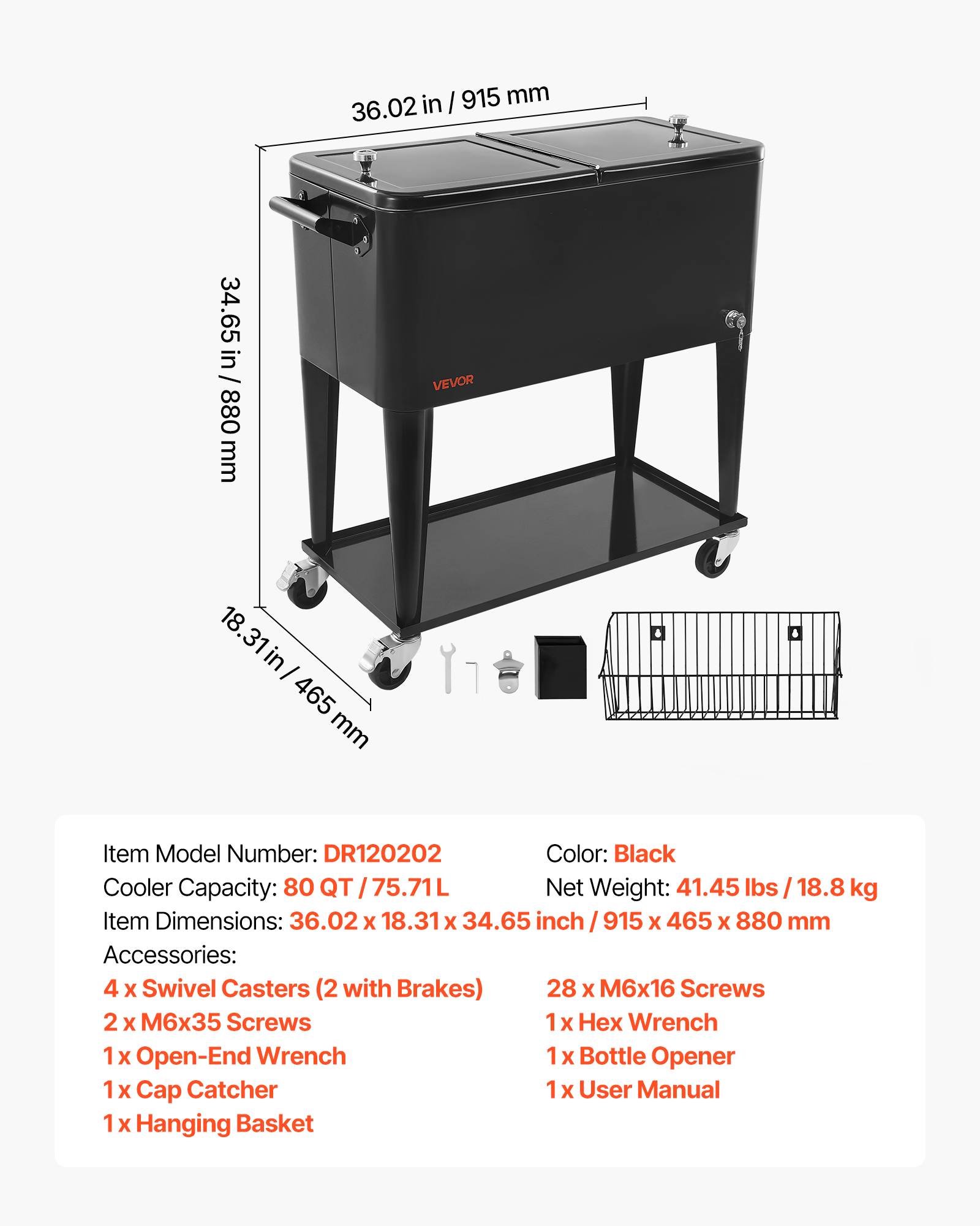 VEVOR Glacière à Roulettes Chariot Bar Extérieur pour Terrasse 75,71 L Noir - Image 7