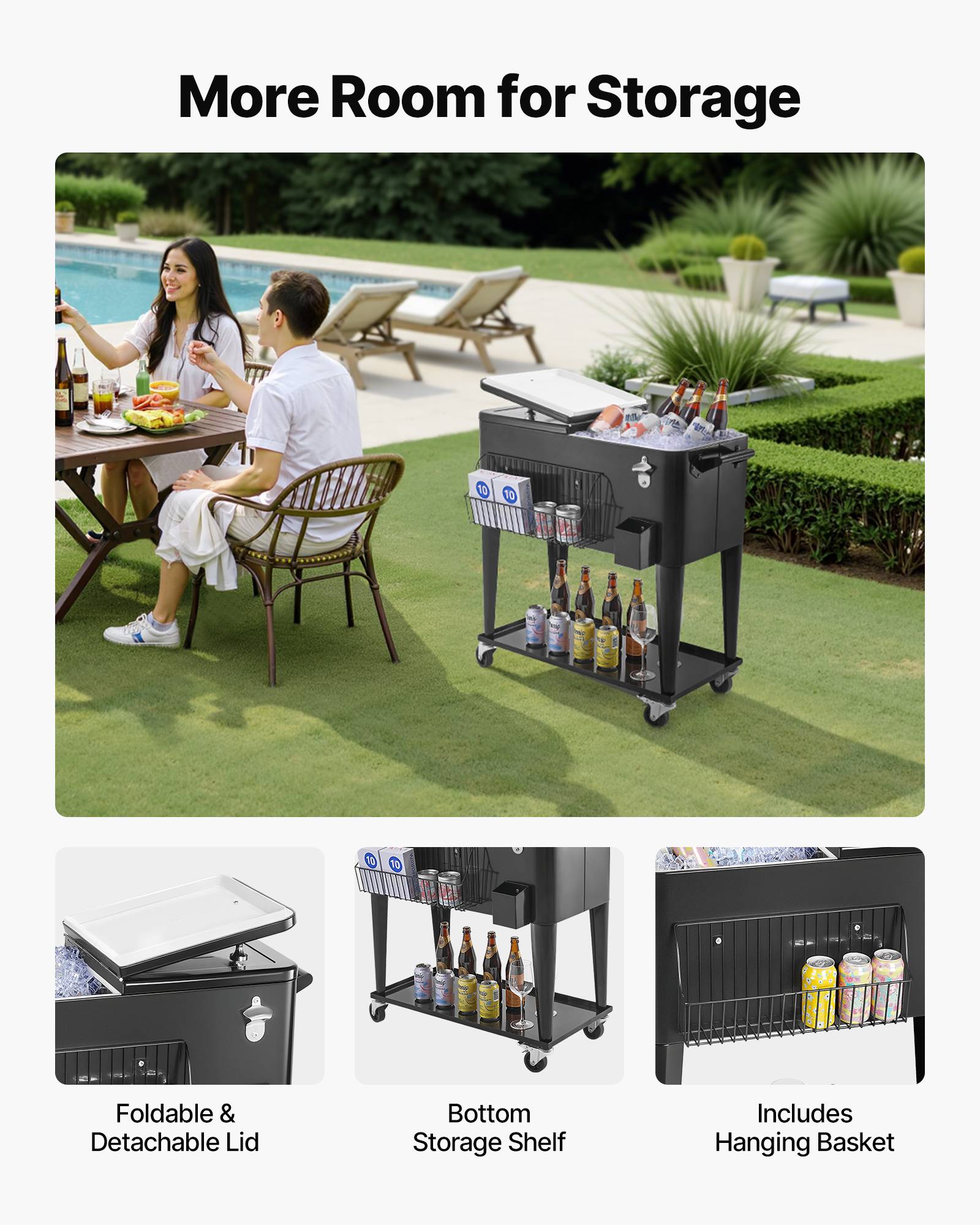 VEVOR Glacière à Roulettes Chariot Bar Extérieur pour Terrasse 75,71 L Noir - Image 3