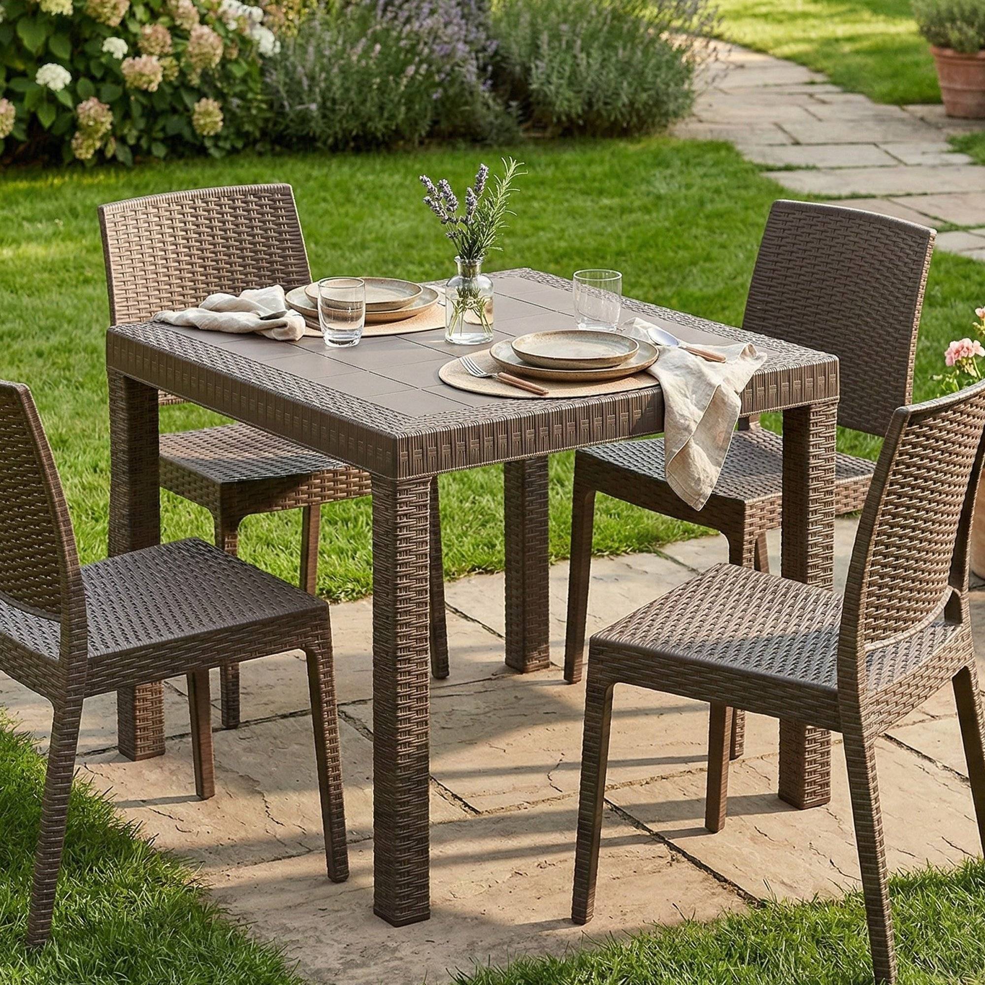 Dmora - Table d'extérieur Dguidon, Etagère carrée fixe, Table de jardin polyvalente effet rotin, 100% Made in Italy, 80x80h74 cm, Marron - Dmora - Image 2