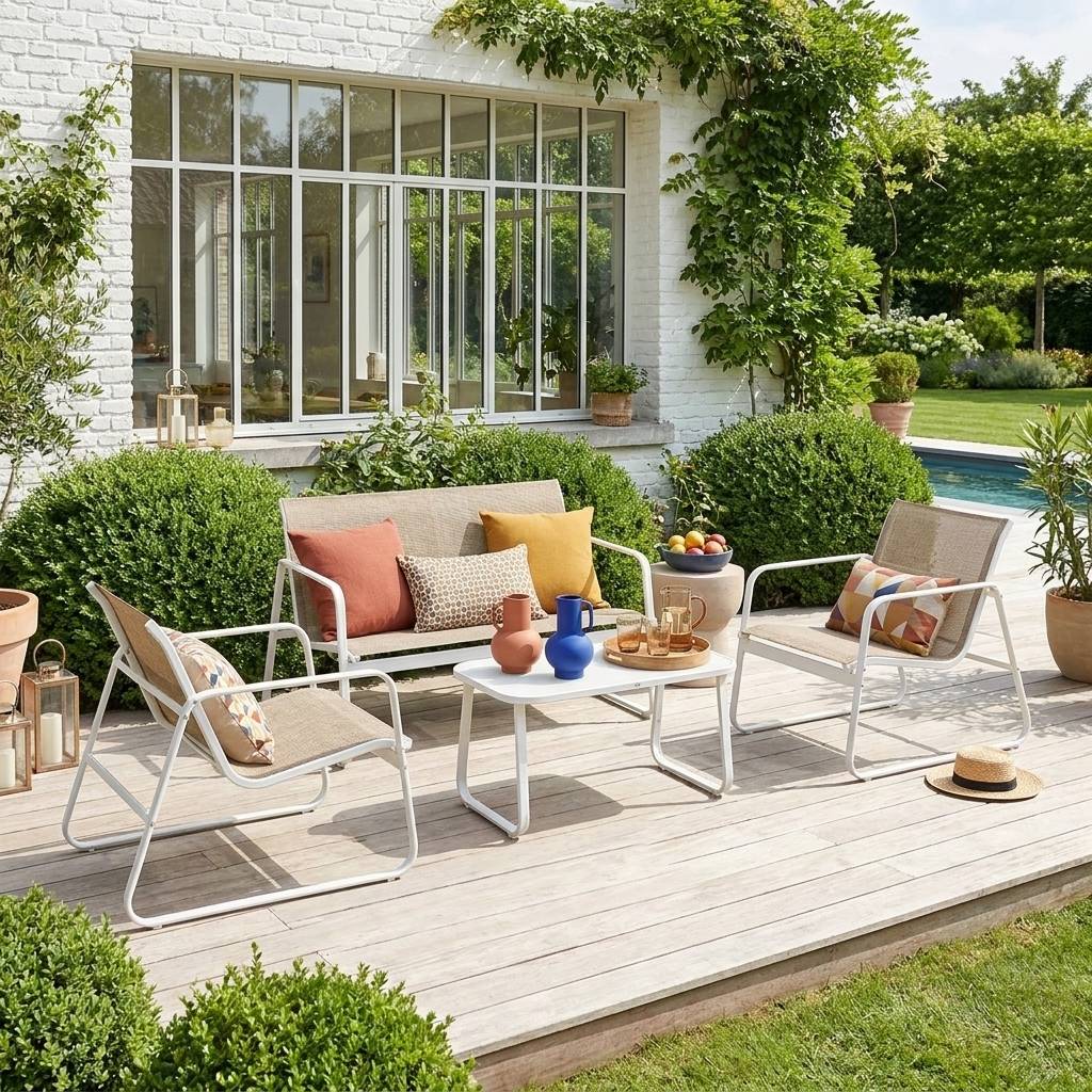 Salon de jardin en métal  et textilène pour 4 personnes. blanc et naturel. design   | sweeek - Image 1