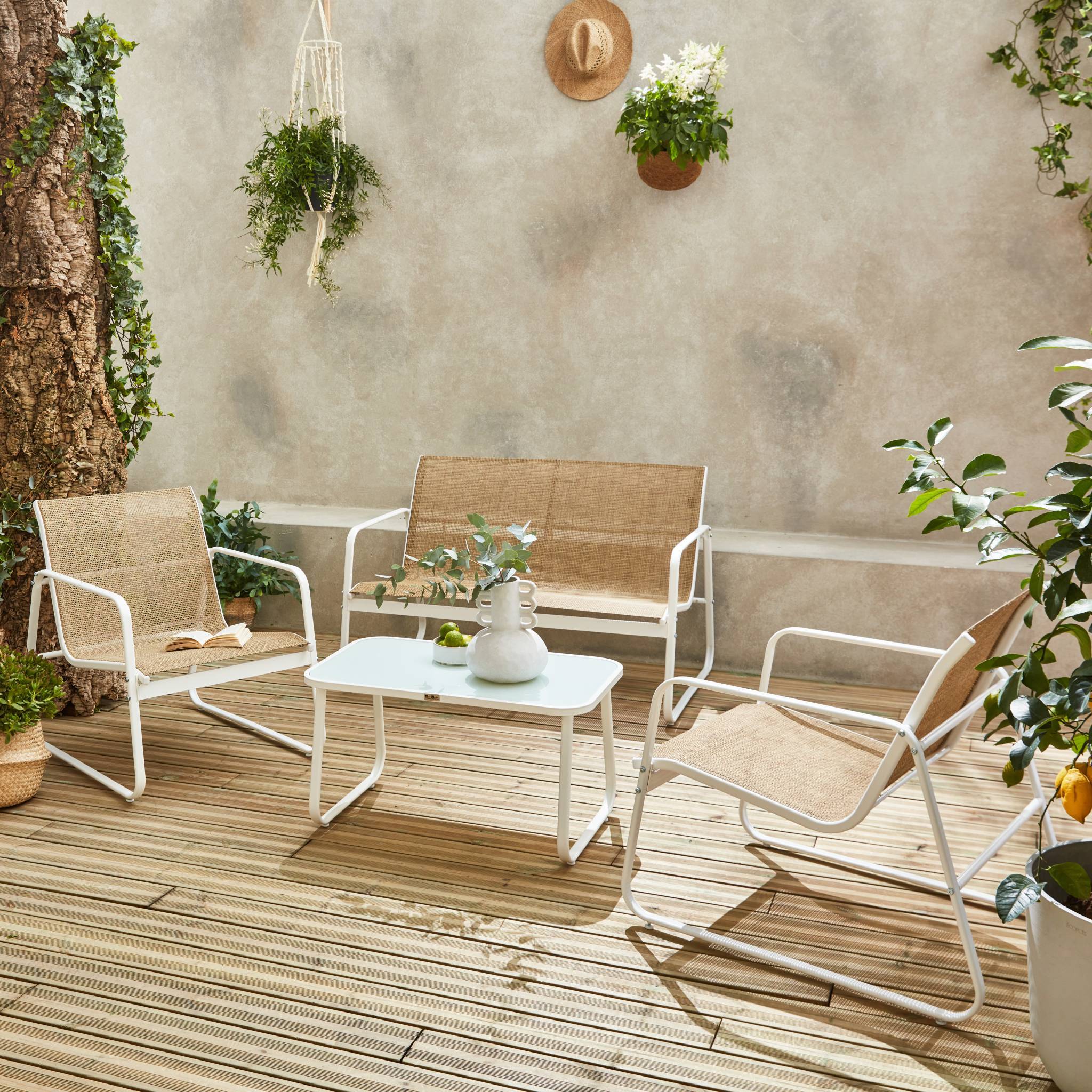 Salon de jardin en métal  et textilène pour 4 personnes. blanc et naturel. design   | sweeek - Image 3