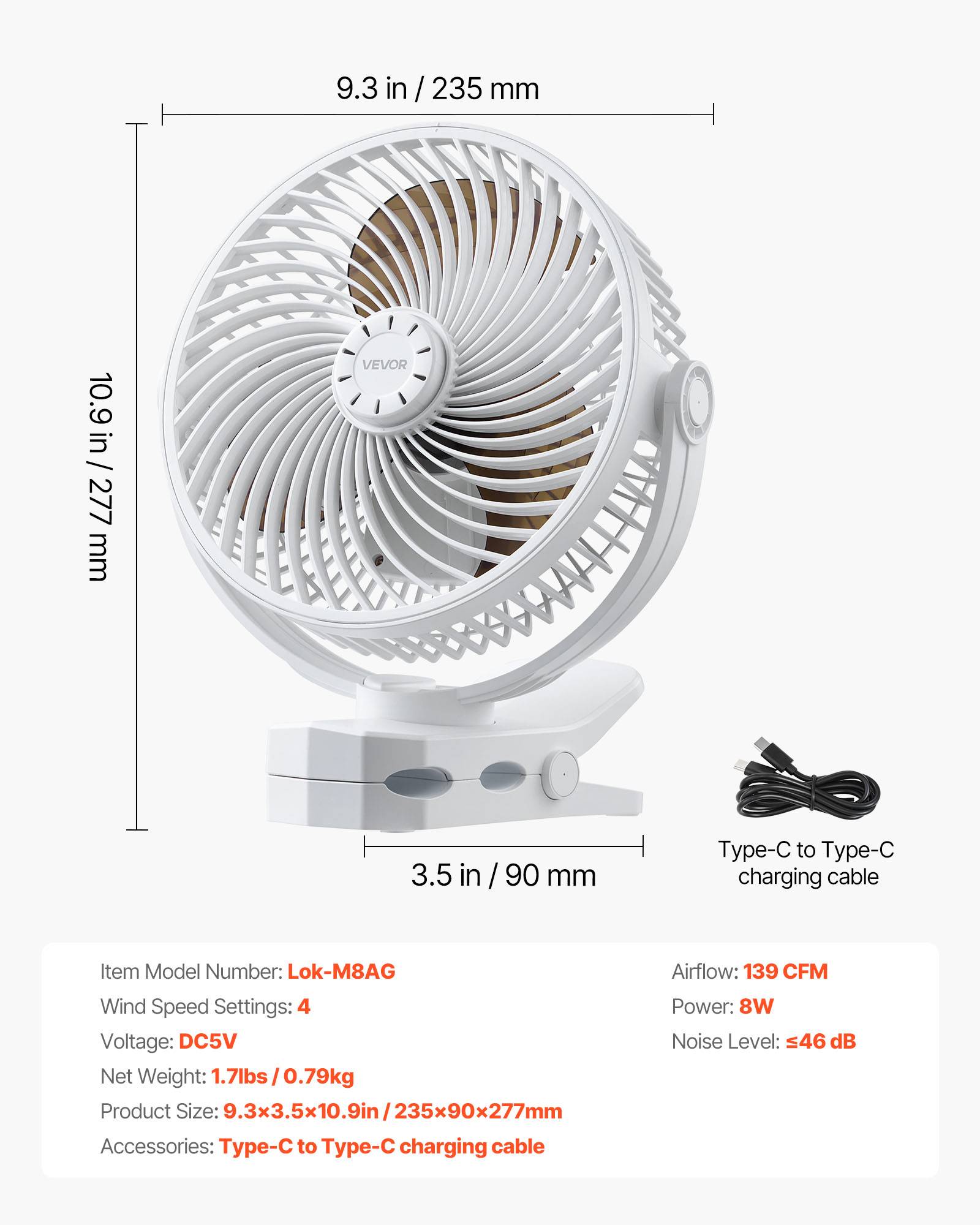 VEVOR Ventilateur Pince Portable Rechargeable USB 3 Vitesses Mode Cyclique Blanc - Image 7