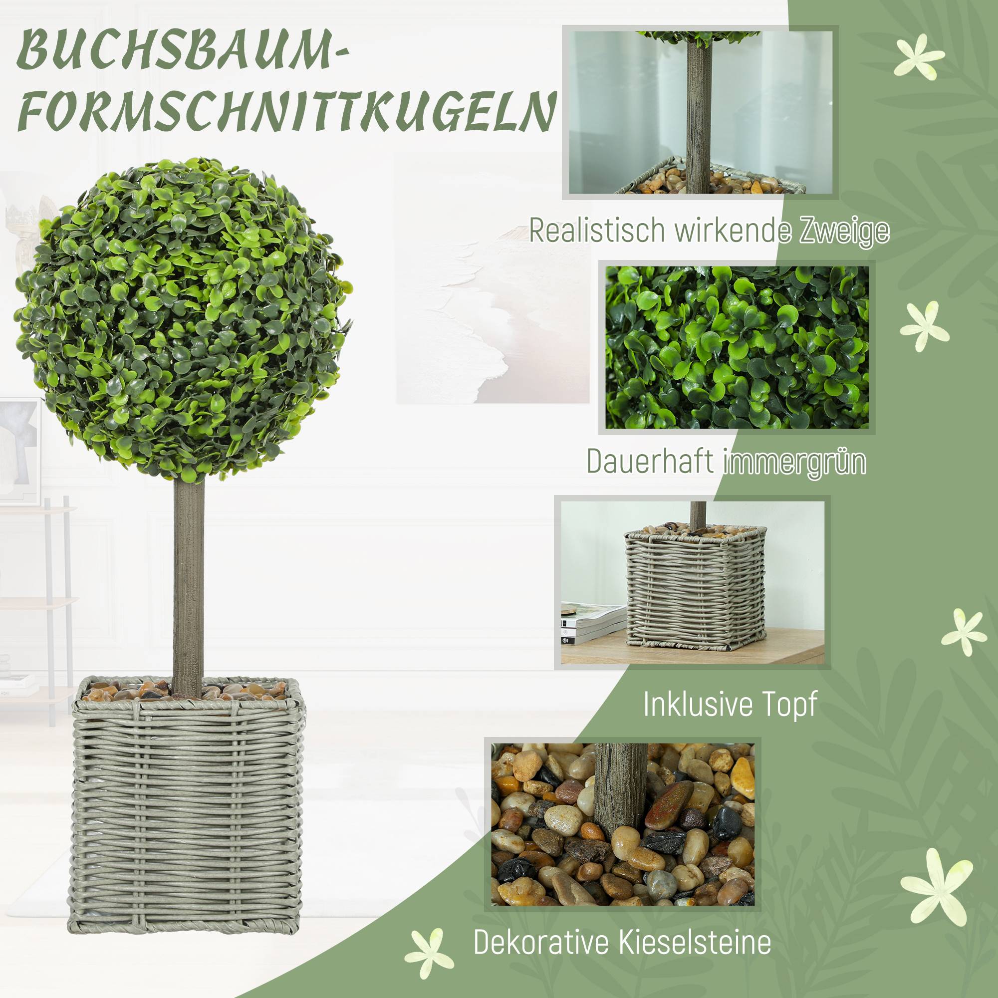 Lot de 2 plantes artificielles, arbres artificiels en pot résistants UV, intérieur/extérieur, plastique, ciment, vert - Image 6