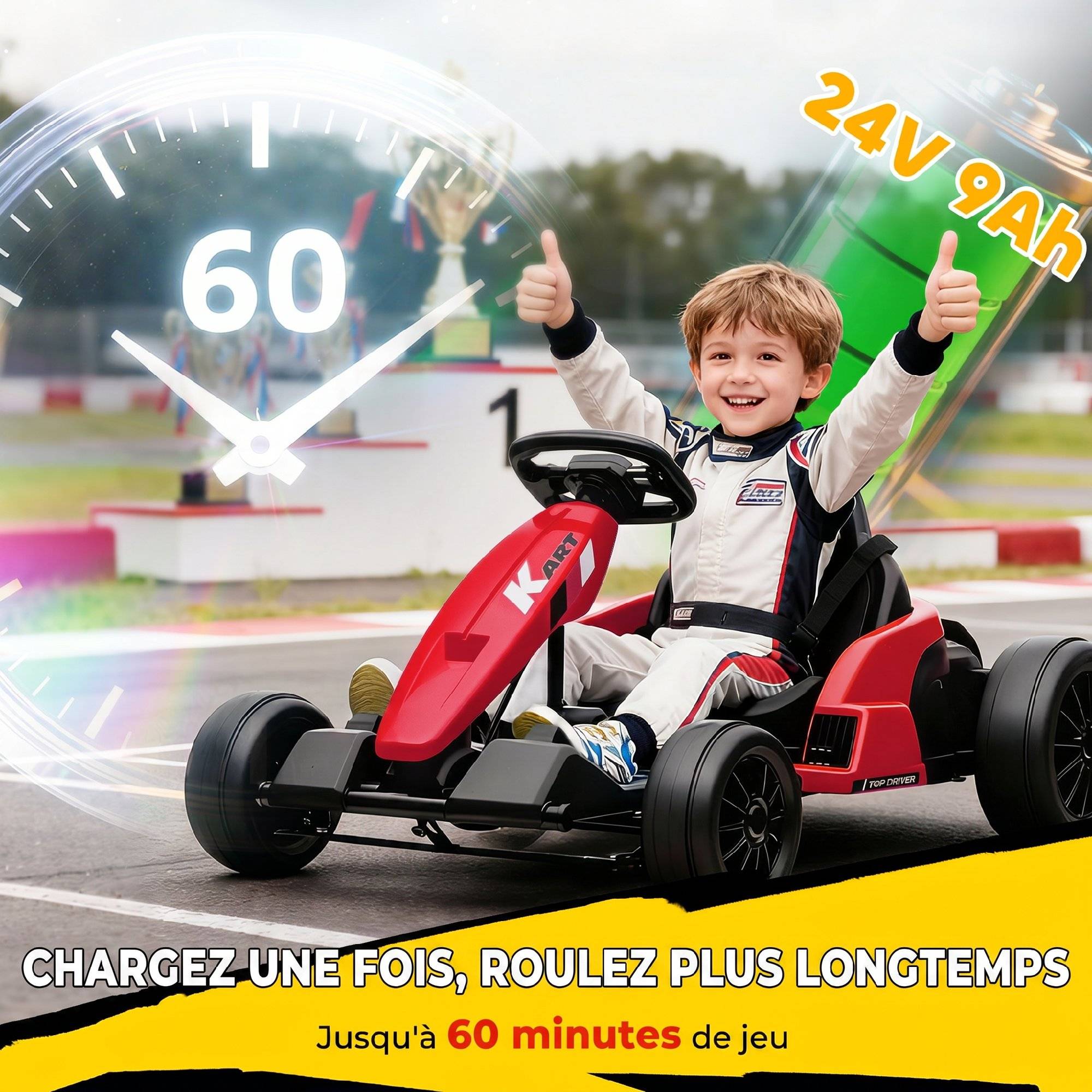 Kart Électrique pour Enfants 24 V, Go Kart, Moteur 2 x 150W, Mode Drift, Siège Réglable, Démarrage Progressif, Rouge - Image 7