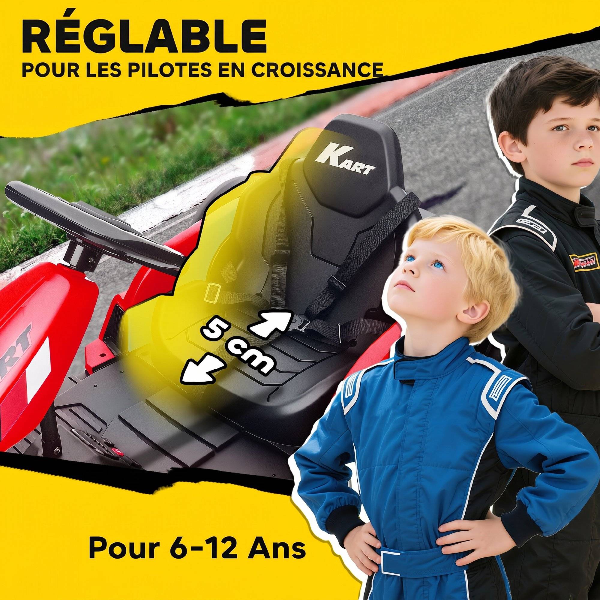 Kart Électrique pour Enfants 24 V, Go Kart, Moteur 2 x 150W, Mode Drift, Siège Réglable, Démarrage Progressif, Rouge - Image 9