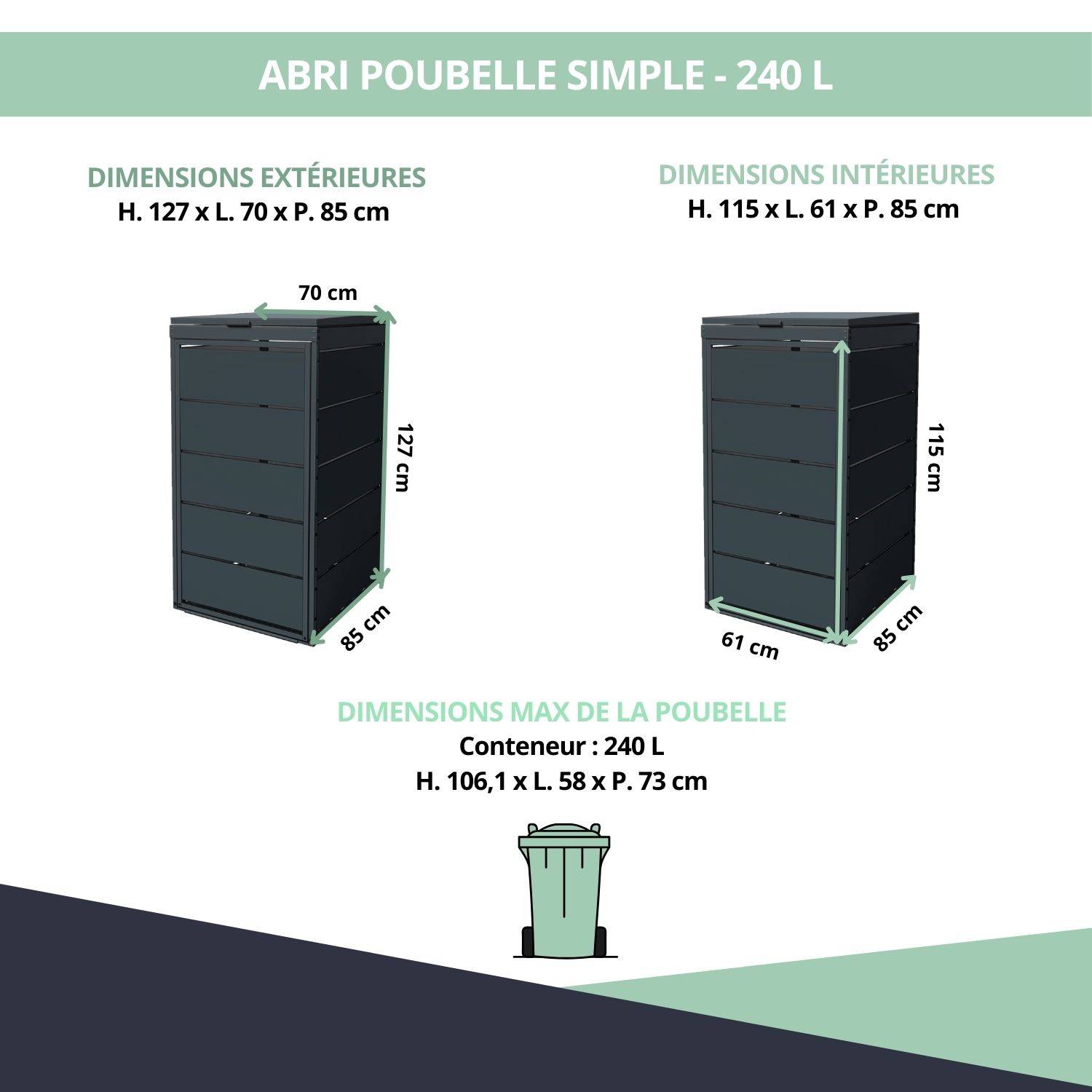 Cache poubelle extérieur simple en acier galvanisé - Abri poubelle pour 1 conteneur 240 Litres – Gris Anthracite RAL7016 - Image 3