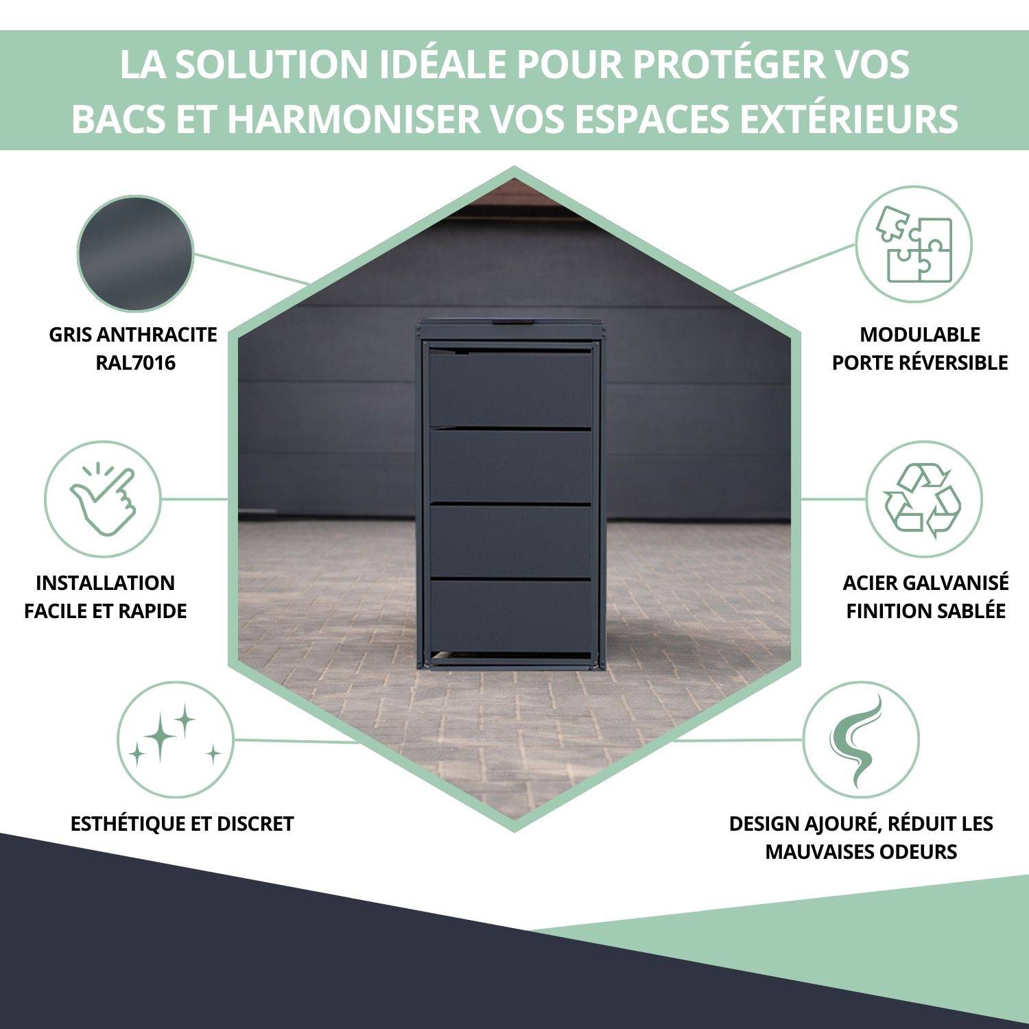 Cache poubelle extérieur simple en acier galvanisé - Abri poubelle pour 1 conteneur 240 Litres – Gris Anthracite RAL7016 - Image 2