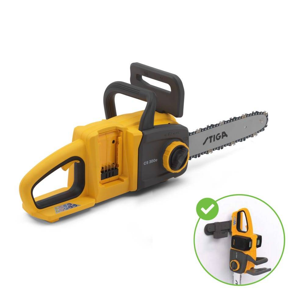 Stiga - Tronçonneuse sans fil STIGA CS 300e 12" (outil seul) – Alimentation par 2 batteries 20 V, coupe max. 265 mm, chargement intégré, rangement mural,