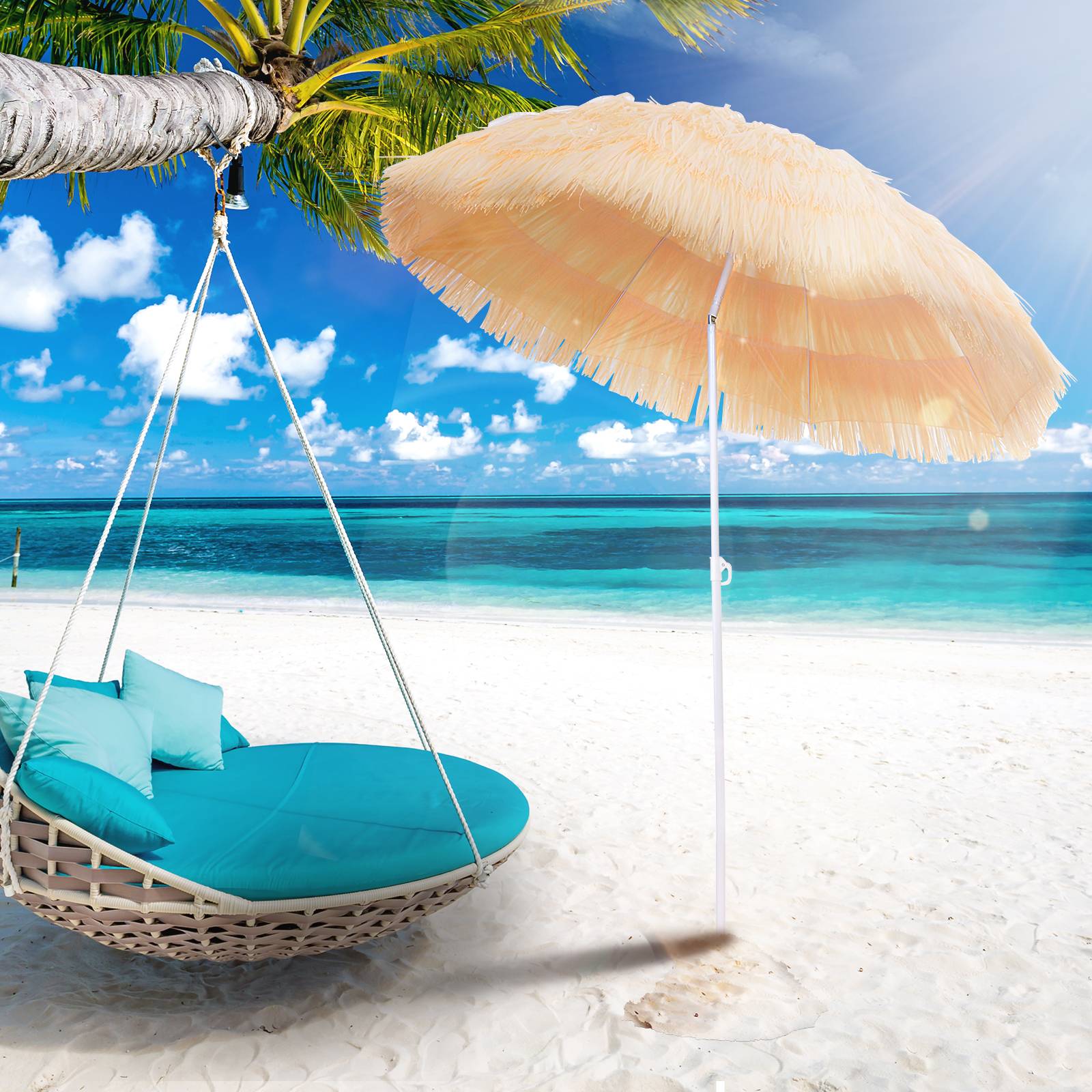 Outsunny - Parasol de plage jardin design hawai 160 cm raphia artificiel beige - Outsunny - Image 2