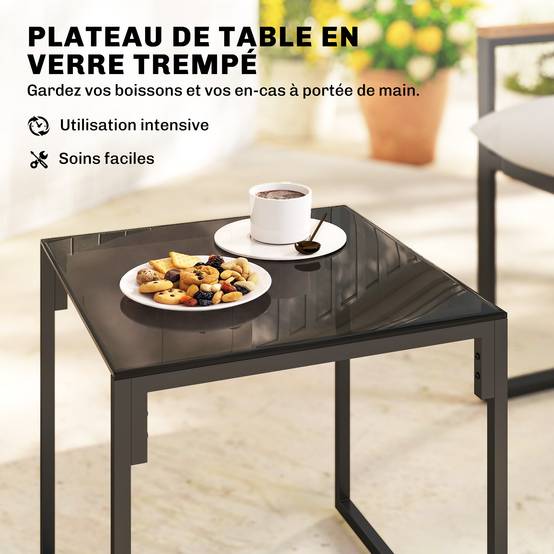 Outsunny - Salon de jardin 3 pièces 2 places - 2 fauteuils 1 table basse en verre trempé et coussins - métal et textilène - gris - Outsunny - Image 4