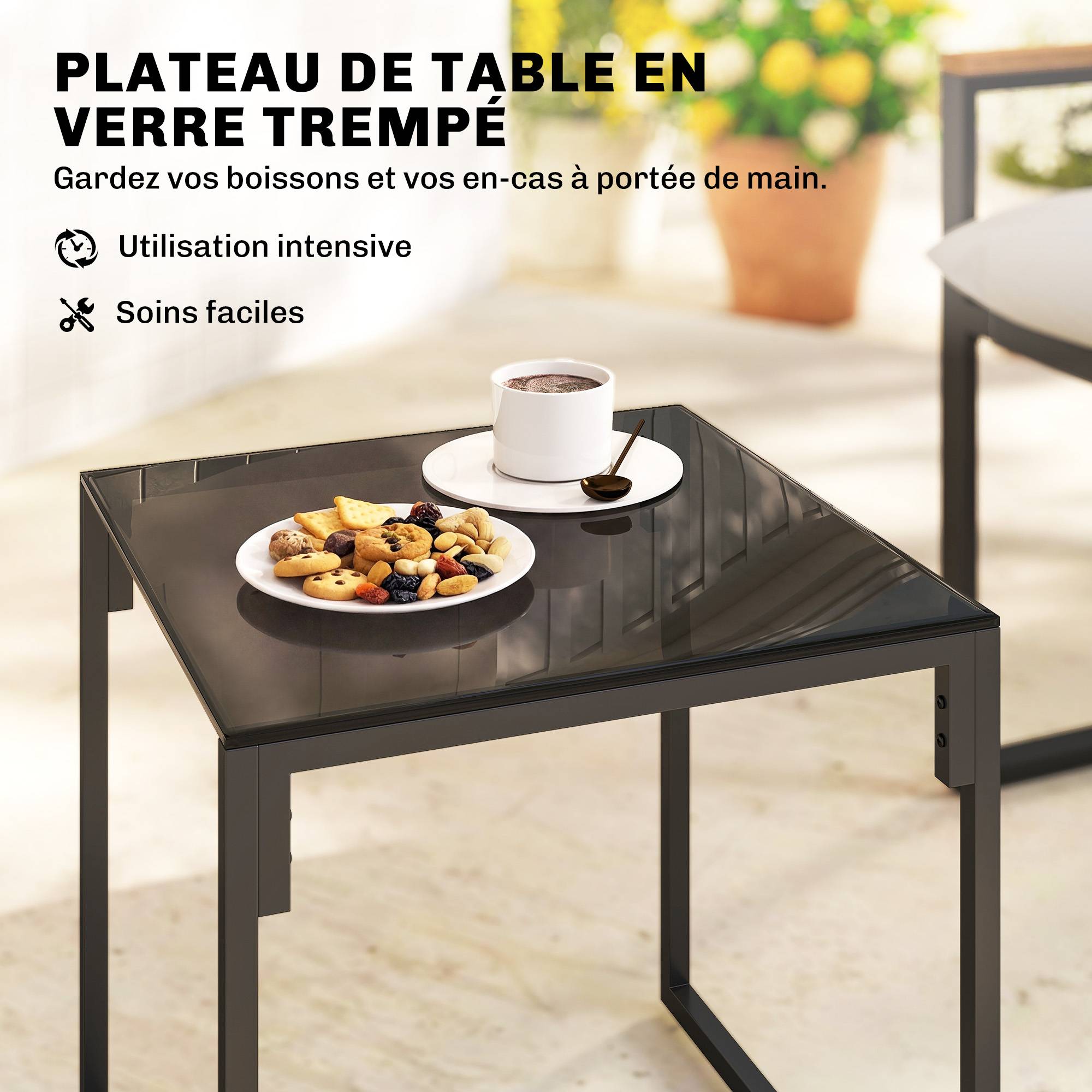 Outsunny - Salon de jardin 3 pièces 2 places - 2 fauteuils 1 table basse en verre trempé et coussins - métal et textilène - gris - Outsunny - Image 4