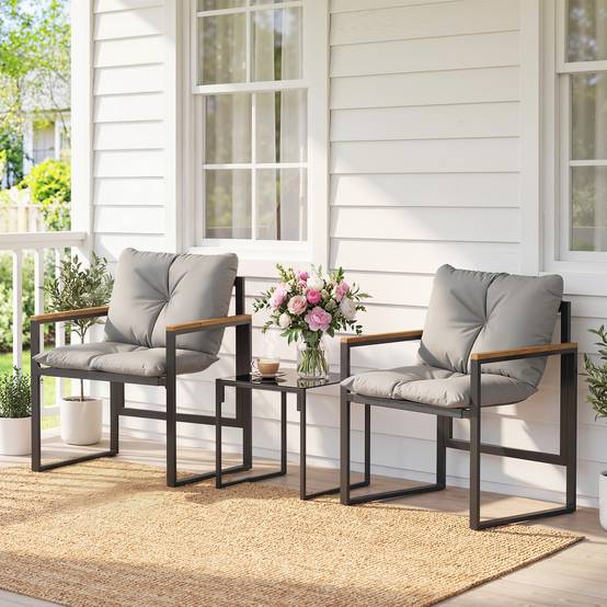 Outsunny - Salon de jardin 3 pièces 2 places - 2 fauteuils 1 table basse en verre trempé et coussins - métal et textilène - gris - Outsunny - Image 2