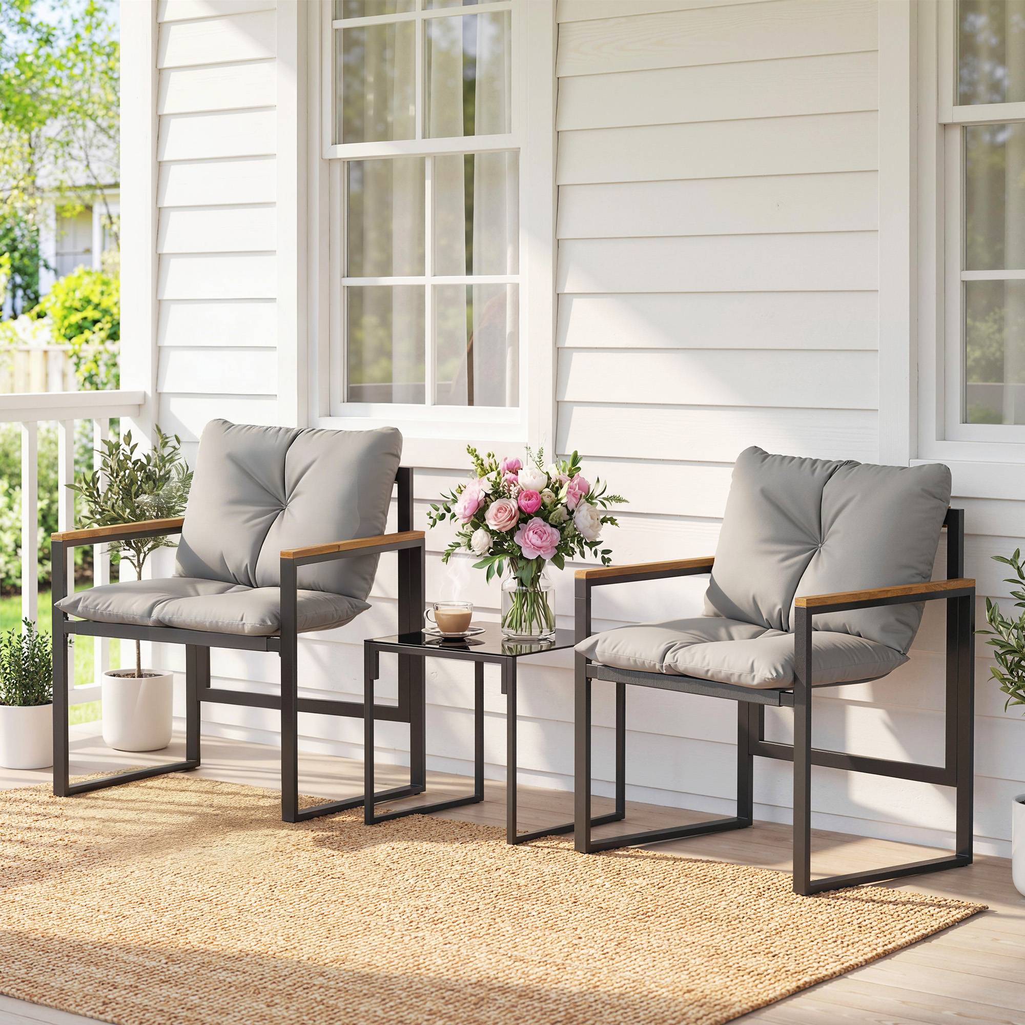 Outsunny - Salon de jardin 3 pièces 2 places - 2 fauteuils 1 table basse en verre trempé et coussins - métal et textilène - gris - Outsunny - Image 2