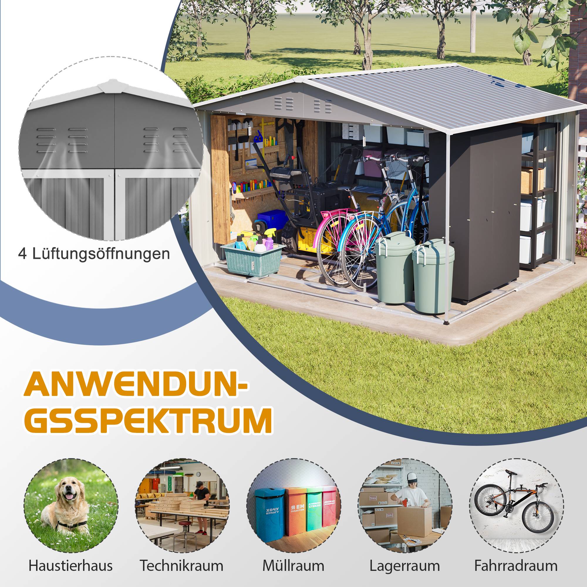 Abri Jardin Métal Galvanisé 7,5m² Rangement Outils 300x252cm - ComfortXL Outdoor Living - Image 6