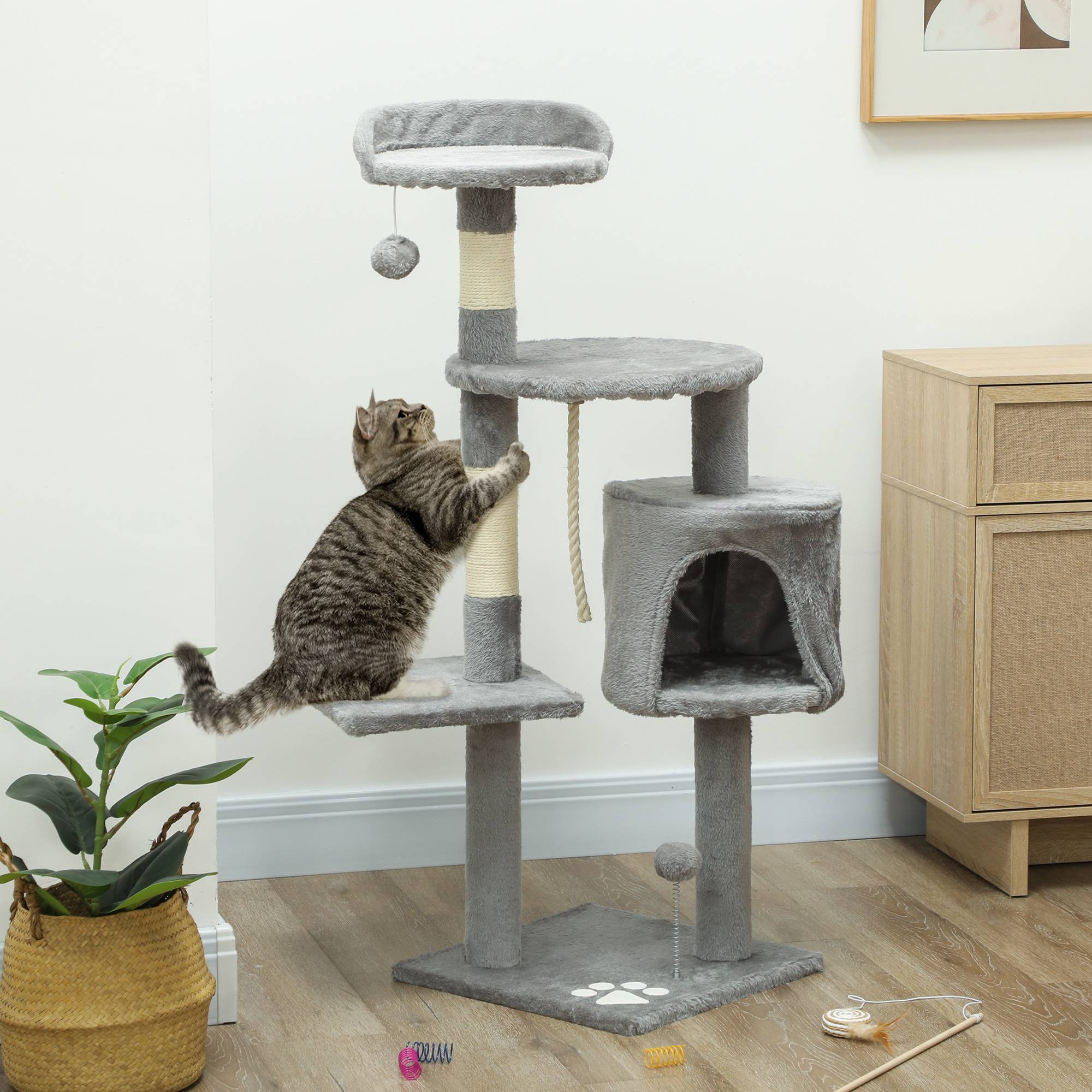 Sans Marque - Arbre à chats multi-équipements griffoirs grattoirs plateformes niche corde jouets 40 x 40 x 114 cm gris - Image 3