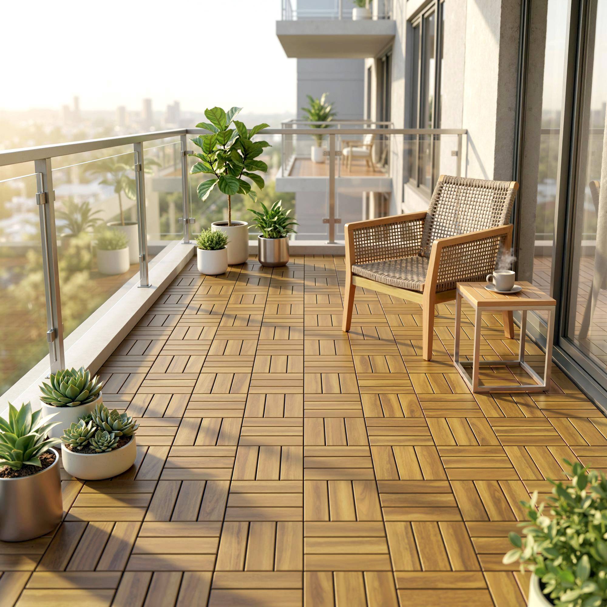 ComfortXL - Lot de 10 dalles de terrasse en acacia 31 x 31 cm naturel pour balcon antidérapantes - ComfortXL Outdoor Living - Image 4