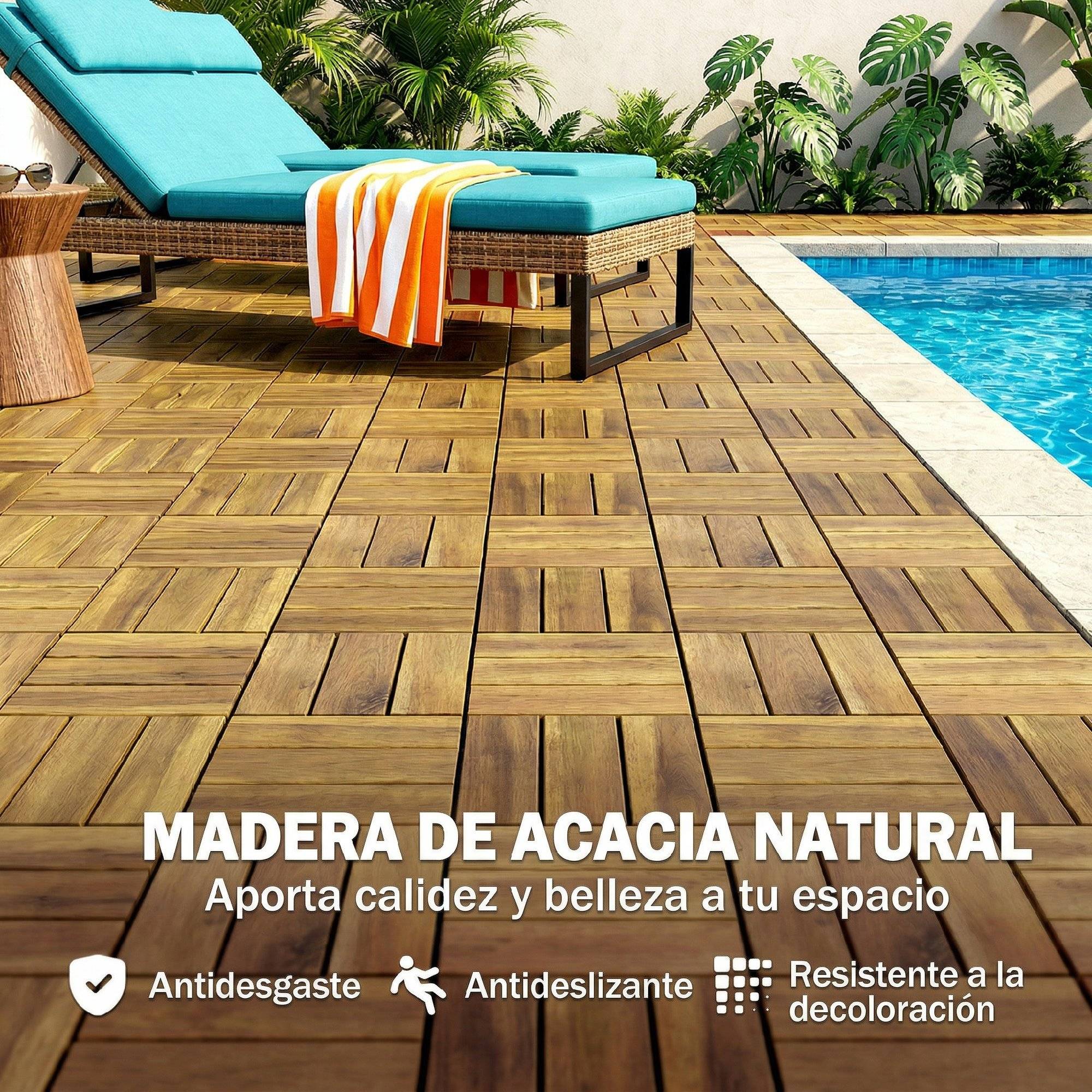 ComfortXL - Lot de 10 dalles de terrasse en acacia 31 x 31 cm naturel pour balcon antidérapantes - ComfortXL Outdoor Living - Image 6