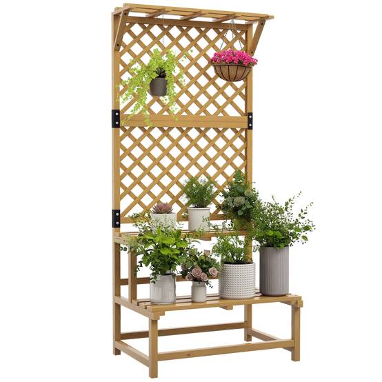 Étagère à plantes 2 niveaux avec treillis et toit, bois, 75x50x166 cm, jaune - Image 1