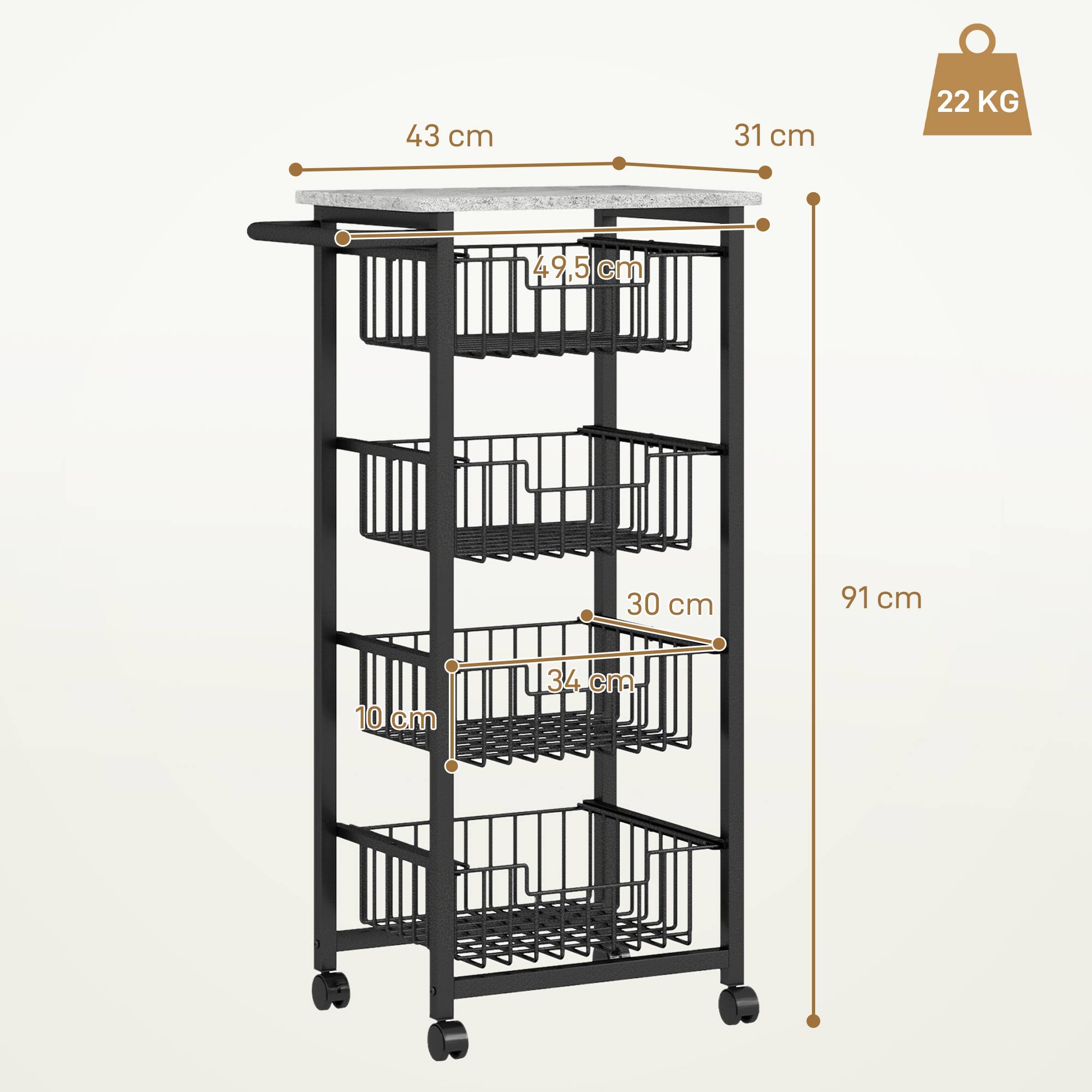 Desserte cuisine 4 niveaux chariot de service sur roulettes plan de travail cadre en acier 49,5 x 31 x 91 cm gris clair - Image 5