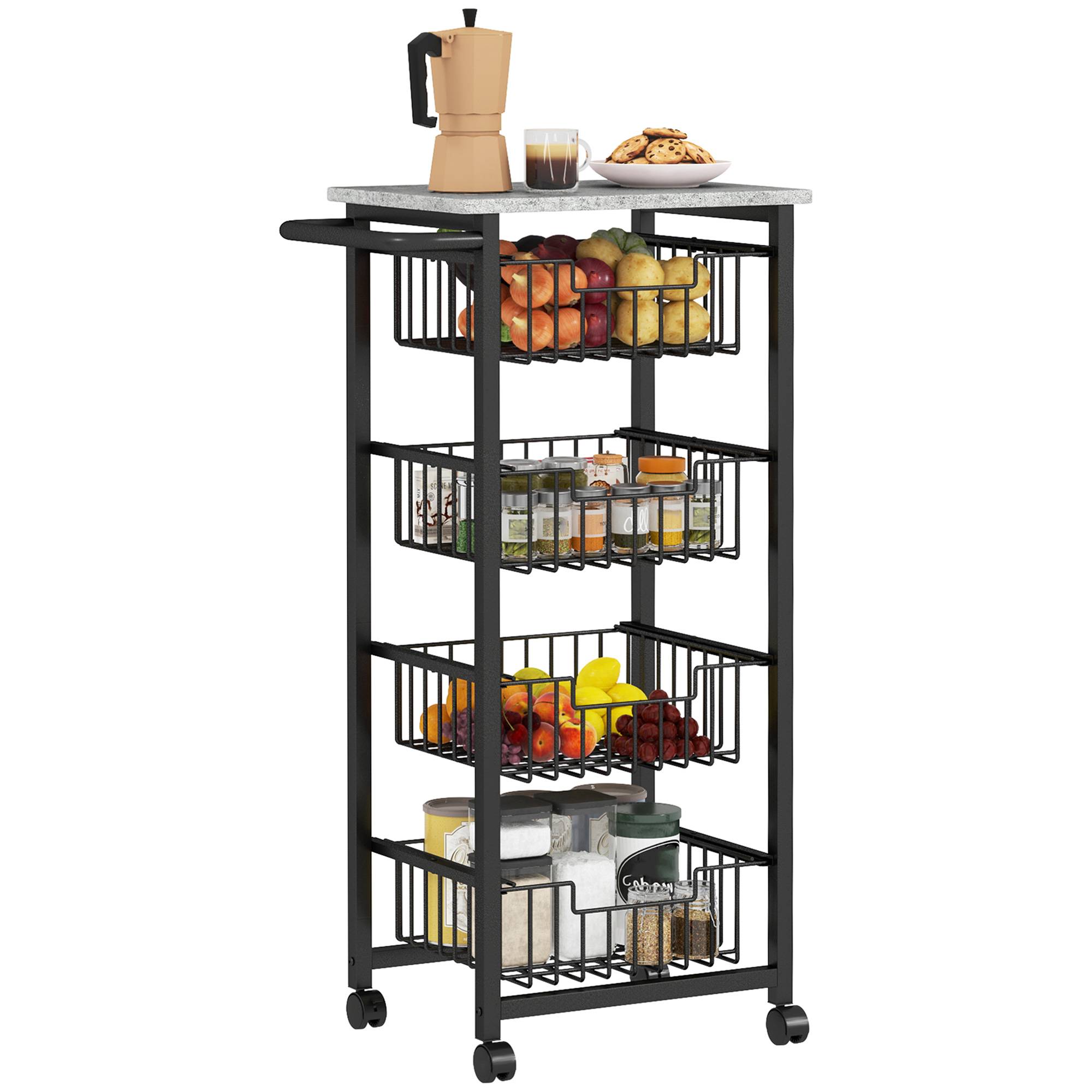 Desserte cuisine 4 niveaux chariot de service sur roulettes plan de travail cadre en acier 49,5 x 31 x 91 cm gris clair - Image 1