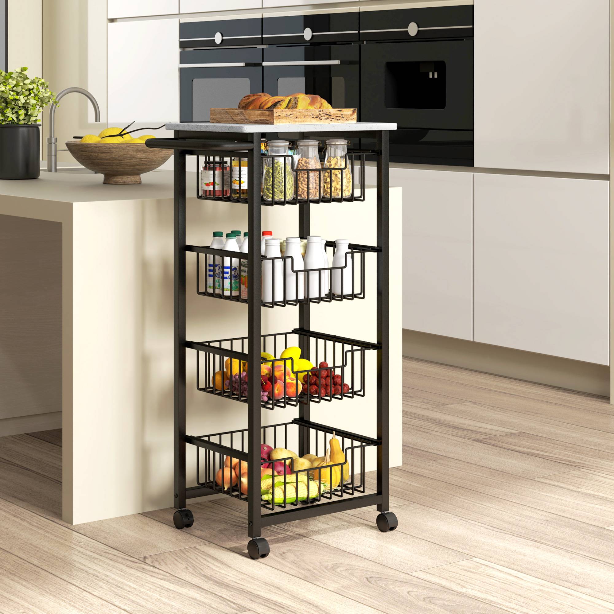 Desserte cuisine 4 niveaux chariot de service sur roulettes plan de travail cadre en acier 49,5 x 31 x 91 cm gris clair - Image 4