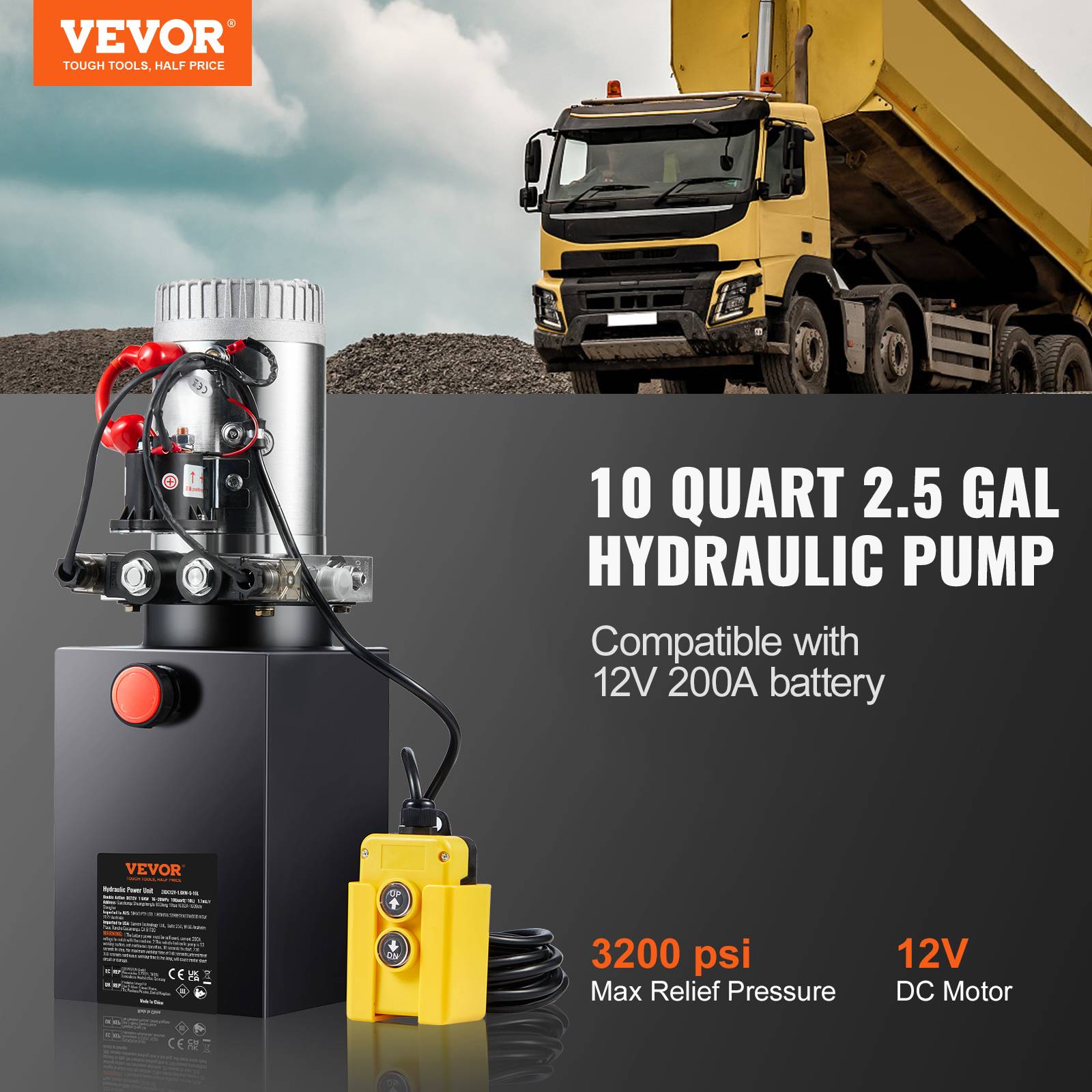 VEVOR Pompe hydraulique DC 12V 9,5L double effet débit 3,44L/min pression 22MPa, camion benne/nacelle. - Image 2