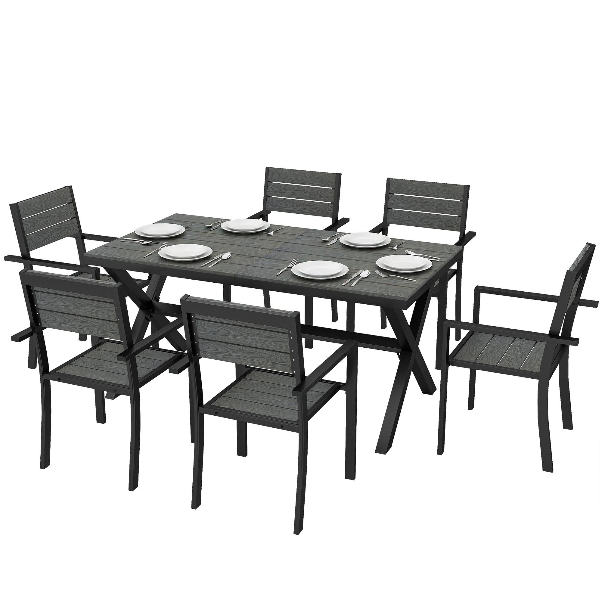 Ensemble de Salle à Manger Extérieur 7 Pièces pour 6 Personnes, Table et Chaises Empilables avec Lattes Effet Bois, Cadre en Aluminium, Gris - Image 2