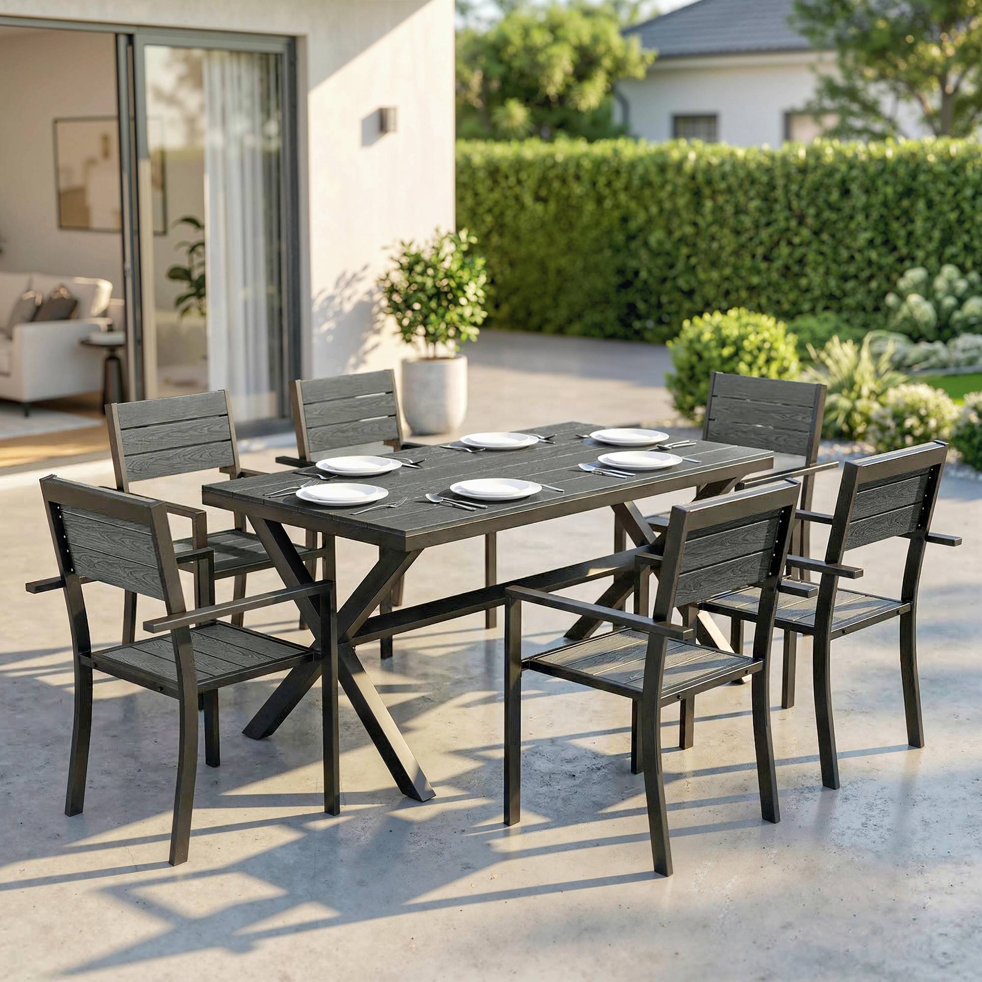 Ensemble de Salle à Manger Extérieur 7 Pièces pour 6 Personnes, Table et Chaises Empilables avec Lattes Effet Bois, Cadre en Aluminium, Gris - Image 3