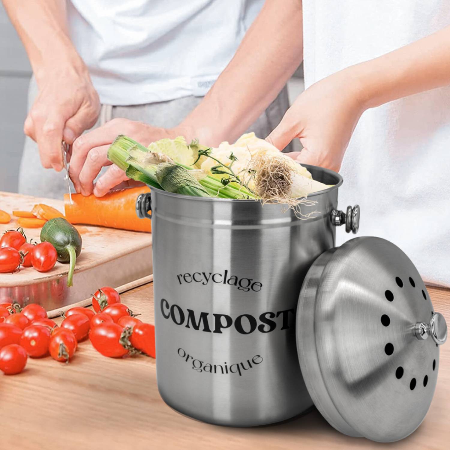 Composteur, bac, poubelle à compost de cuisine 5L rond en Inox - Gris - Linxor - Image 4