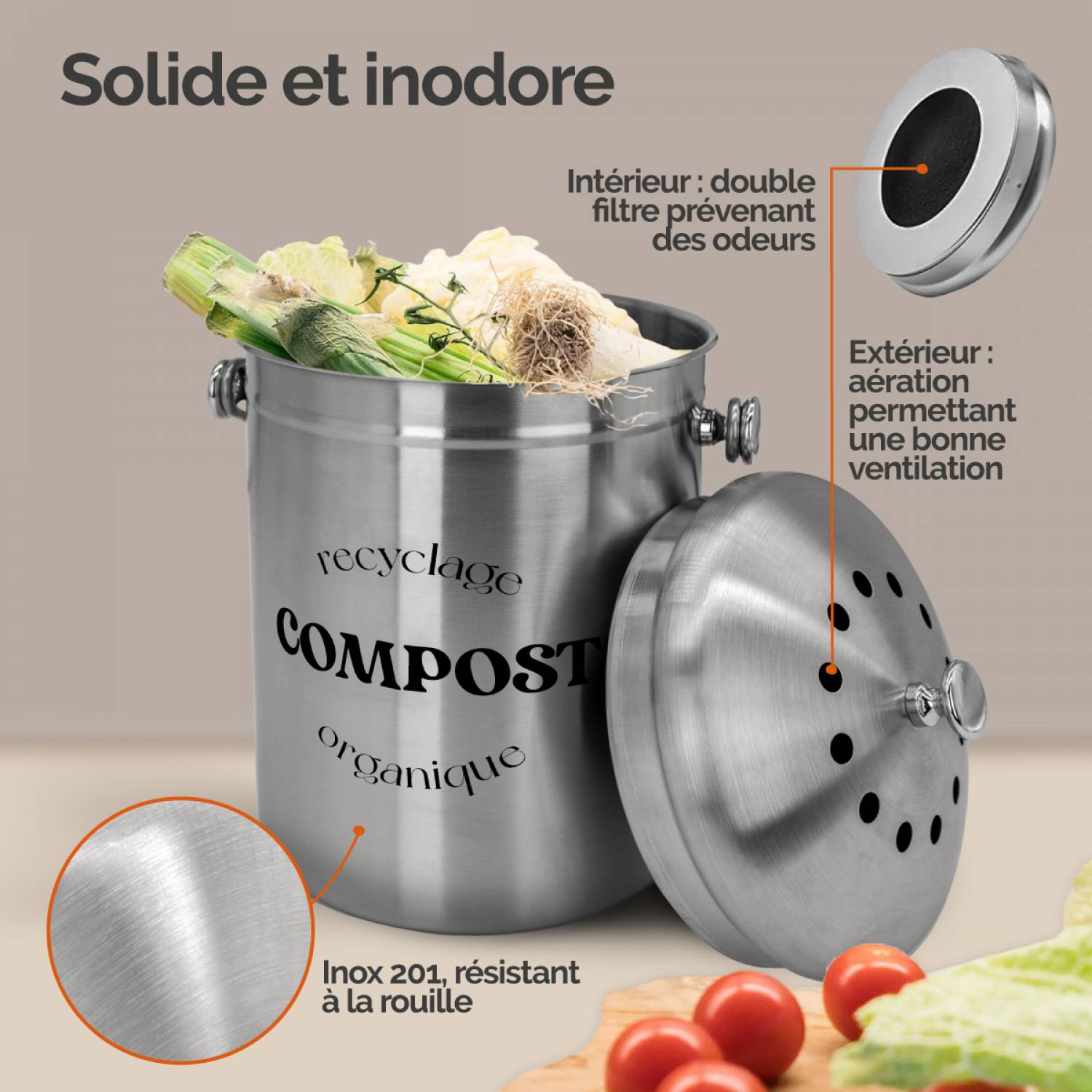 Composteur, bac, poubelle à compost de cuisine 5L rond en Inox - Gris - Linxor - Image 3