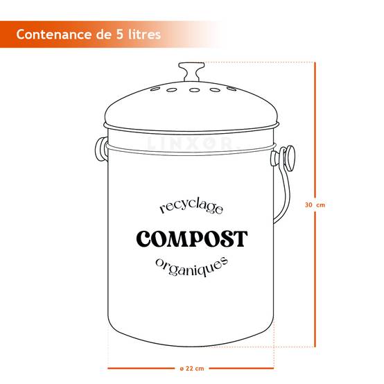 Composteur, bac, poubelle à compost de cuisine 5L rond en Inox - Gris - Linxor - Image 2