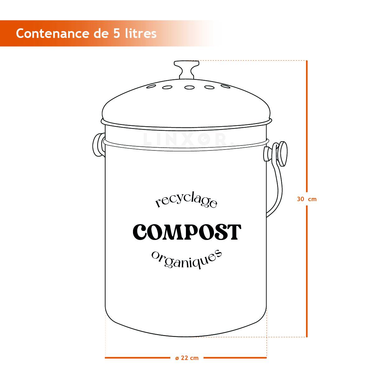 Composteur, bac, poubelle à compost de cuisine 5L rond en Inox - Gris - Linxor - Image 2