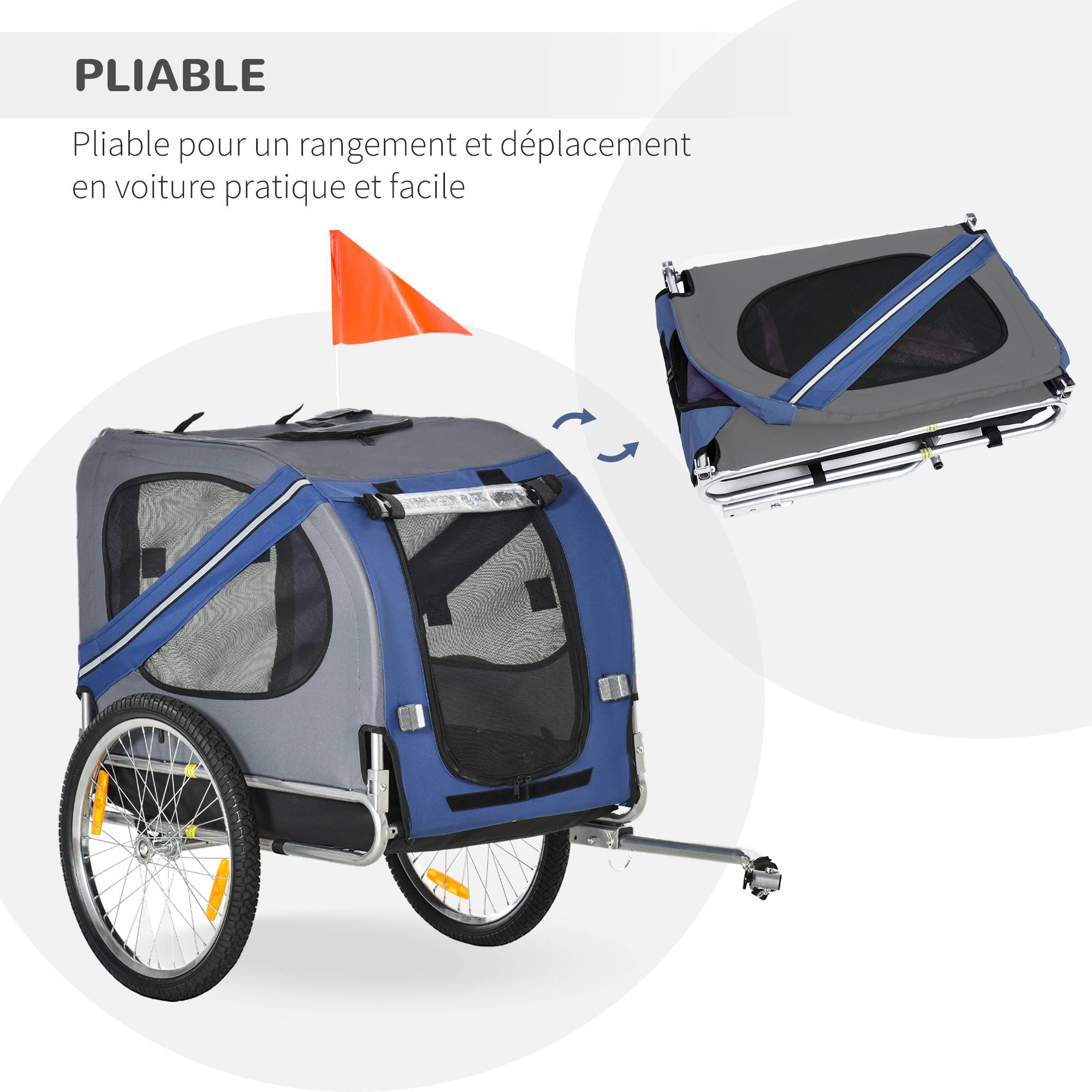 Remorque vélo pour chien animaux 8 réflecteurs drapeau barre attelage inclus acier polyester imperméable max. 30 Kg 130L x 73l x 90H cm bleu - Image 7