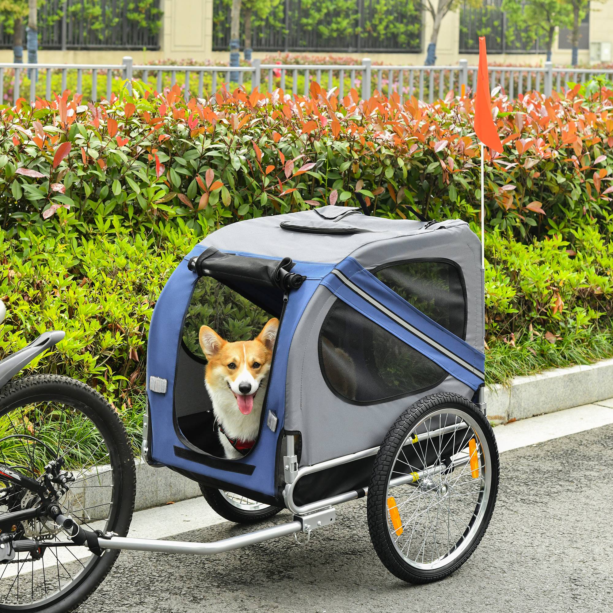 Remorque vélo pour chien animaux 8 réflecteurs drapeau barre attelage inclus acier polyester imperméable max. 30 Kg 130L x 73l x 90H cm bleu - Image 2