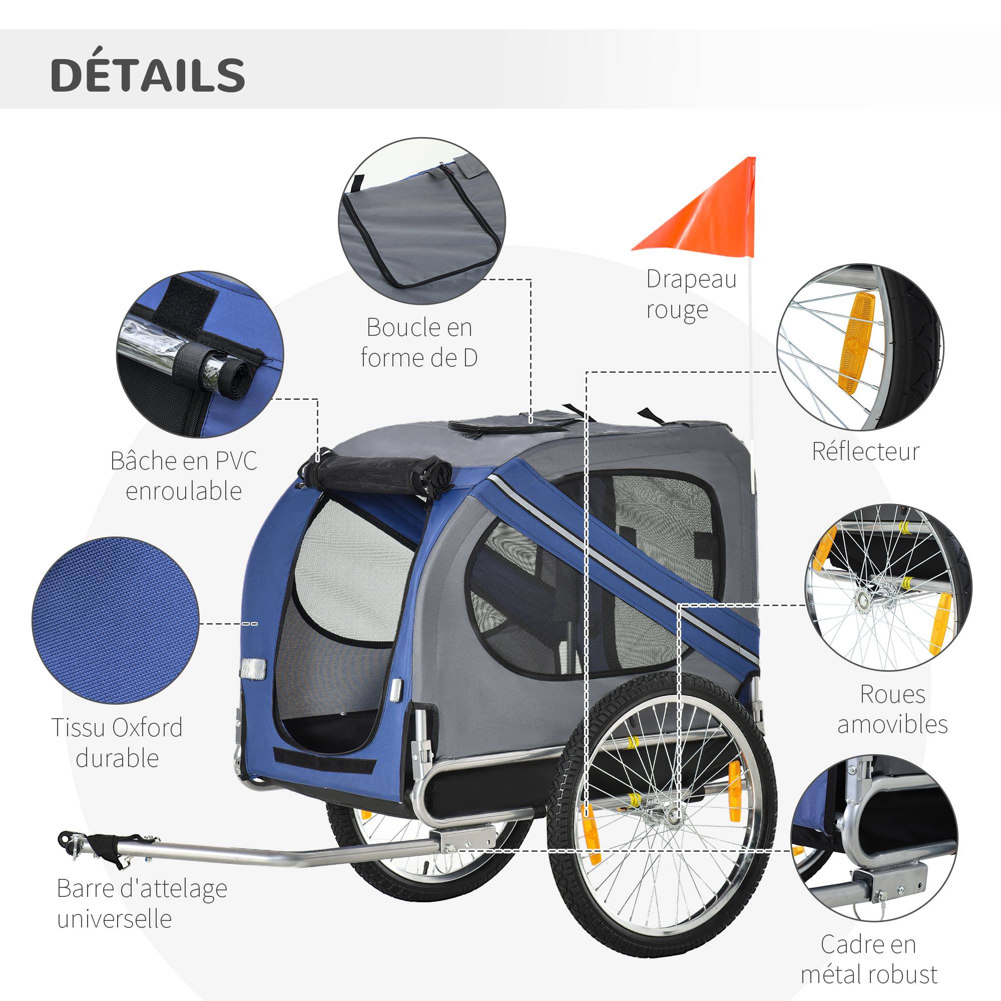 Remorque vélo pour chien animaux 8 réflecteurs drapeau barre attelage inclus acier polyester imperméable max. 30 Kg 130L x 73l x 90H cm bleu - Image 5