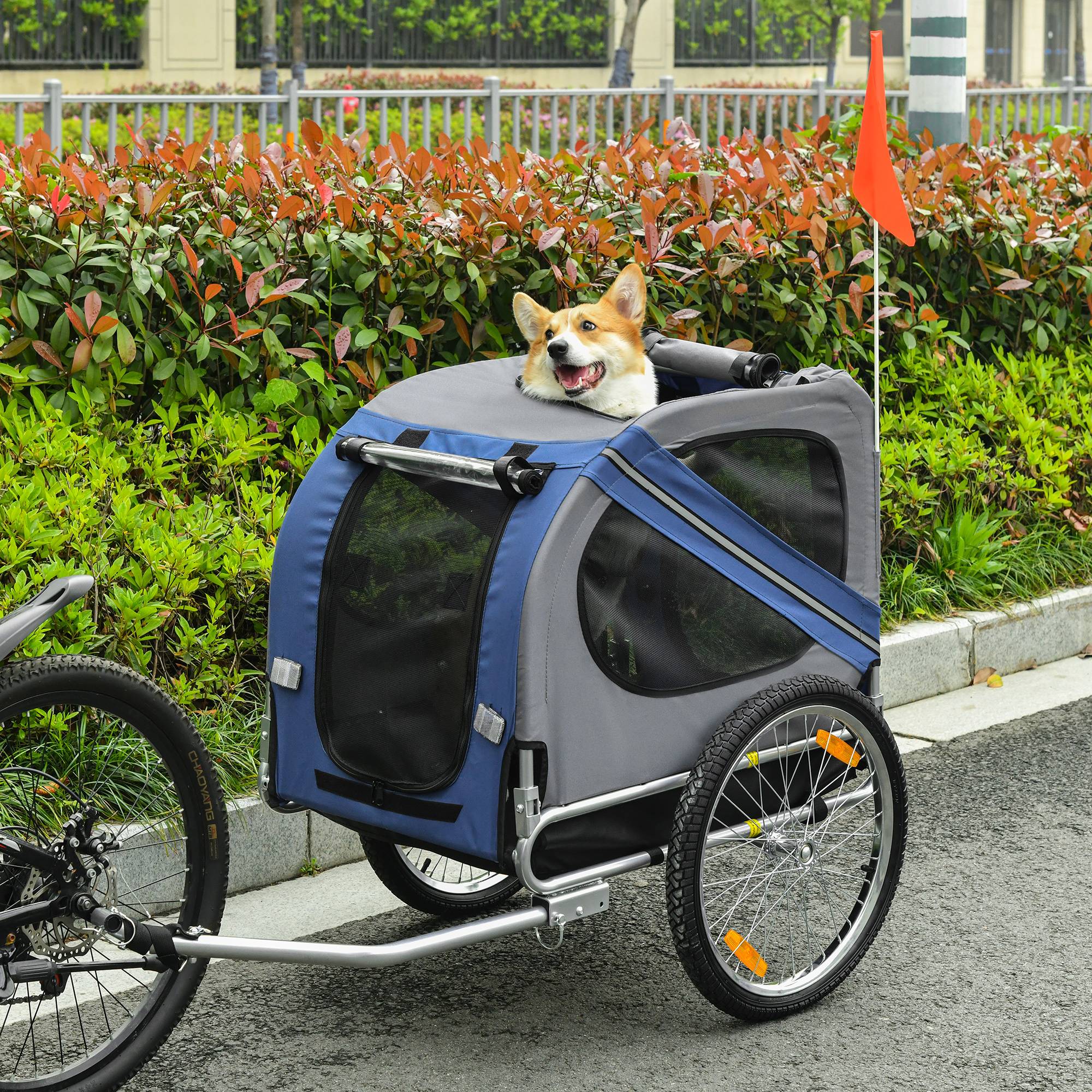 Remorque vélo pour chien animaux 8 réflecteurs drapeau barre attelage inclus acier polyester imperméable max. 30 Kg 130L x 73l x 90H cm bleu - Image 3