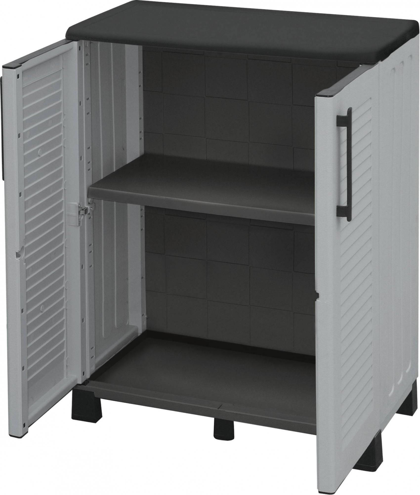 Dmora - Armoire d'extérieur Wavre, Armoire de balcon polyvalente, Armoire d'extérieur 2 portes, 68x37h90 cm, Gris clair et noir, Finition rayée - Dmora - Image 6