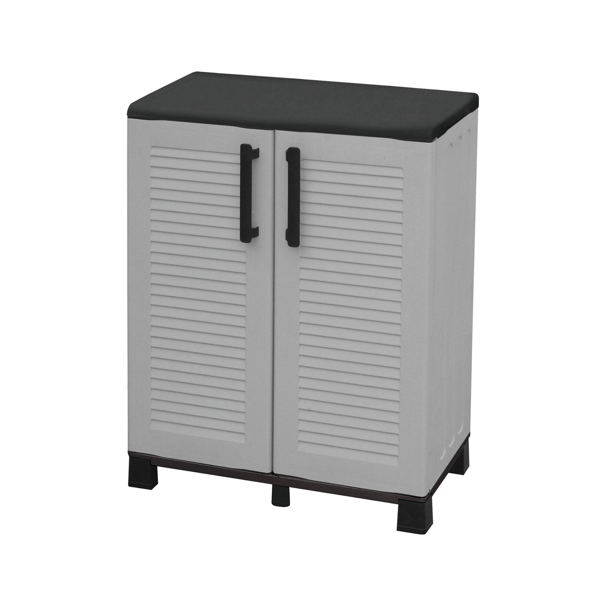 Dmora - Armoire d'extérieur Wavre, Armoire de balcon polyvalente, Armoire d'extérieur 2 portes, 68x37h90 cm, Gris clair et noir, Finition rayée - Dmora - Image 1