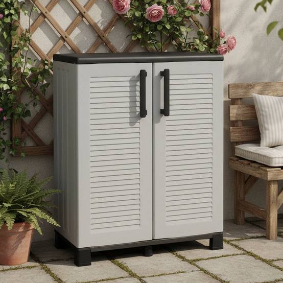 Dmora - Armoire d'extérieur Wavre, Armoire de balcon polyvalente, Armoire d'extérieur 2 portes, 68x37h90 cm, Gris clair et noir, Finition rayée - Dmora - Image 2