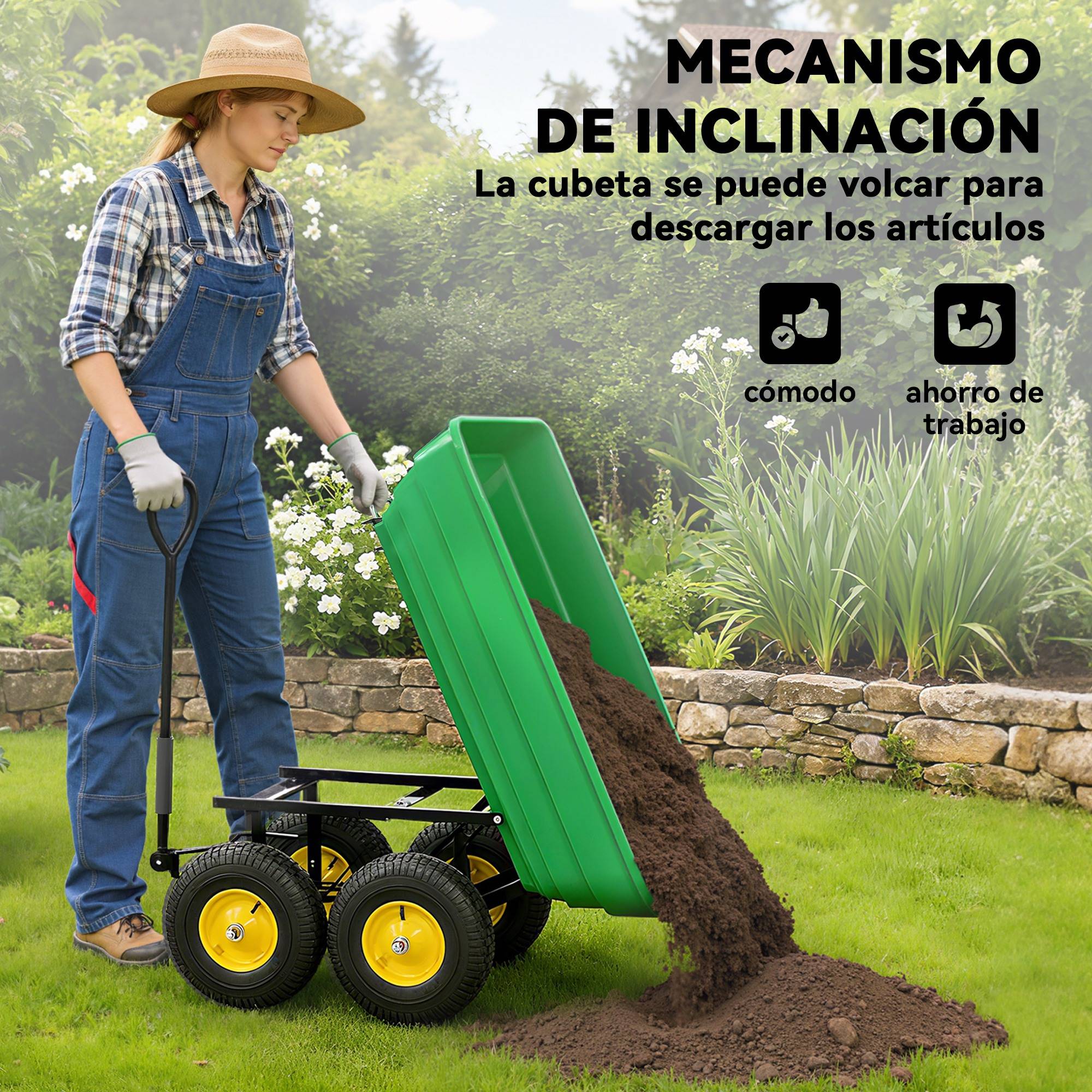 Chariot de jardin acier plastique pour extérieur cuve inclinable 75L 109x52cm vert - ComfortXL Outdoor Living - Image 6