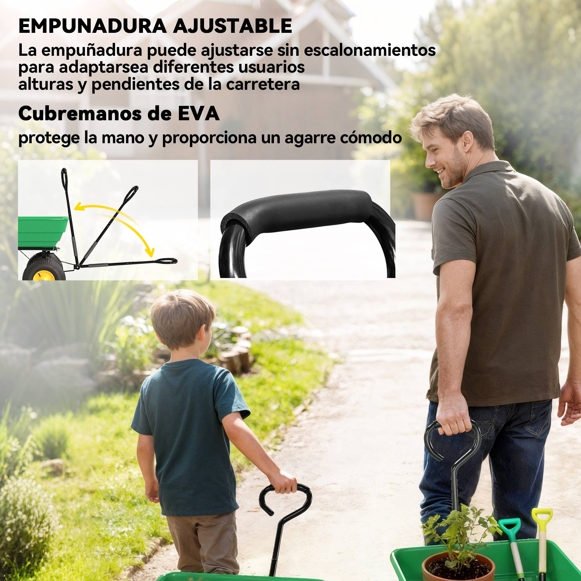 Chariot de jardin acier plastique pour extérieur cuve inclinable 75L 109x52cm vert - ComfortXL Outdoor Living - Image 8