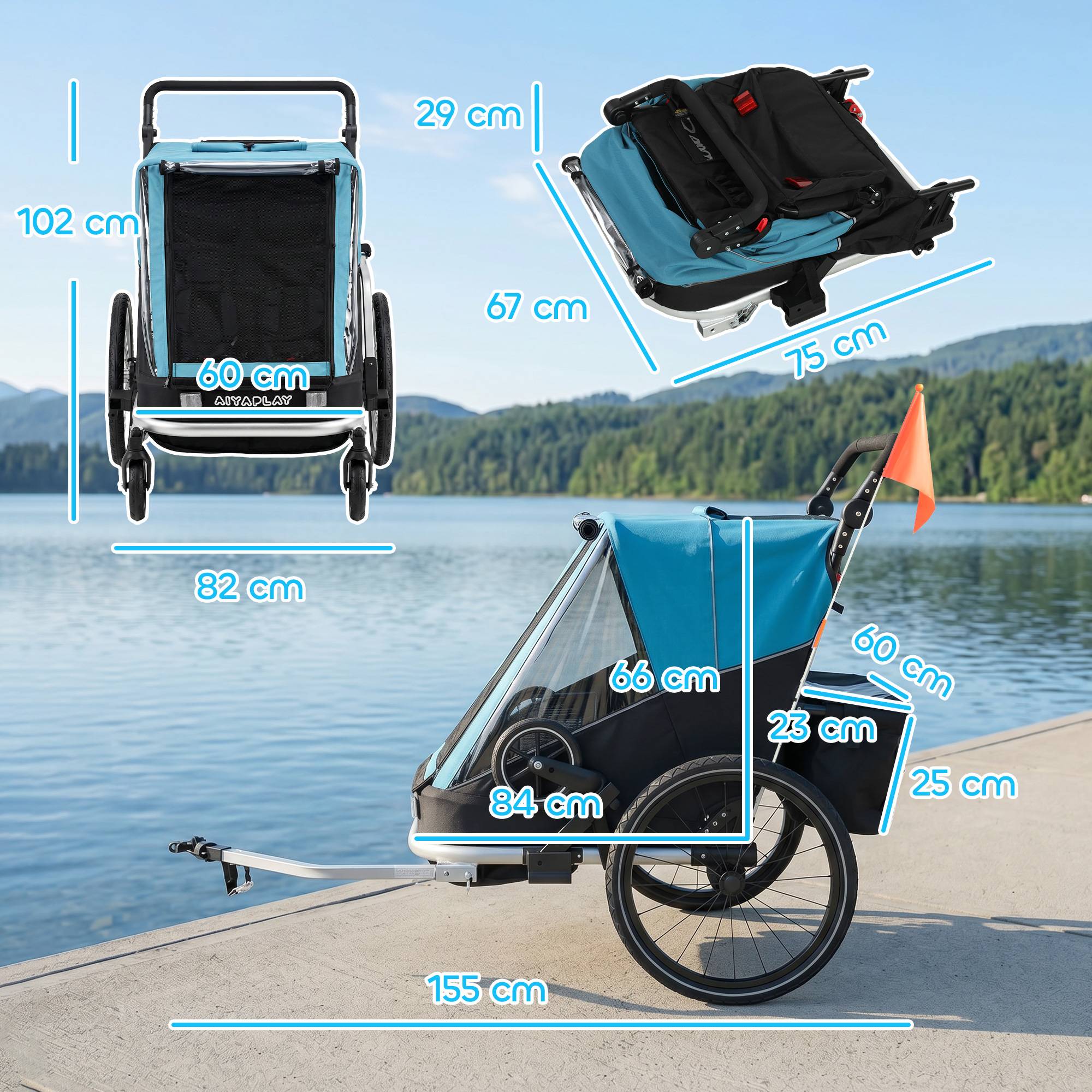 Remorque vélo enfants 2 places, 2-en-1 pliable, siège réglable, sangles, bleu - Image 5