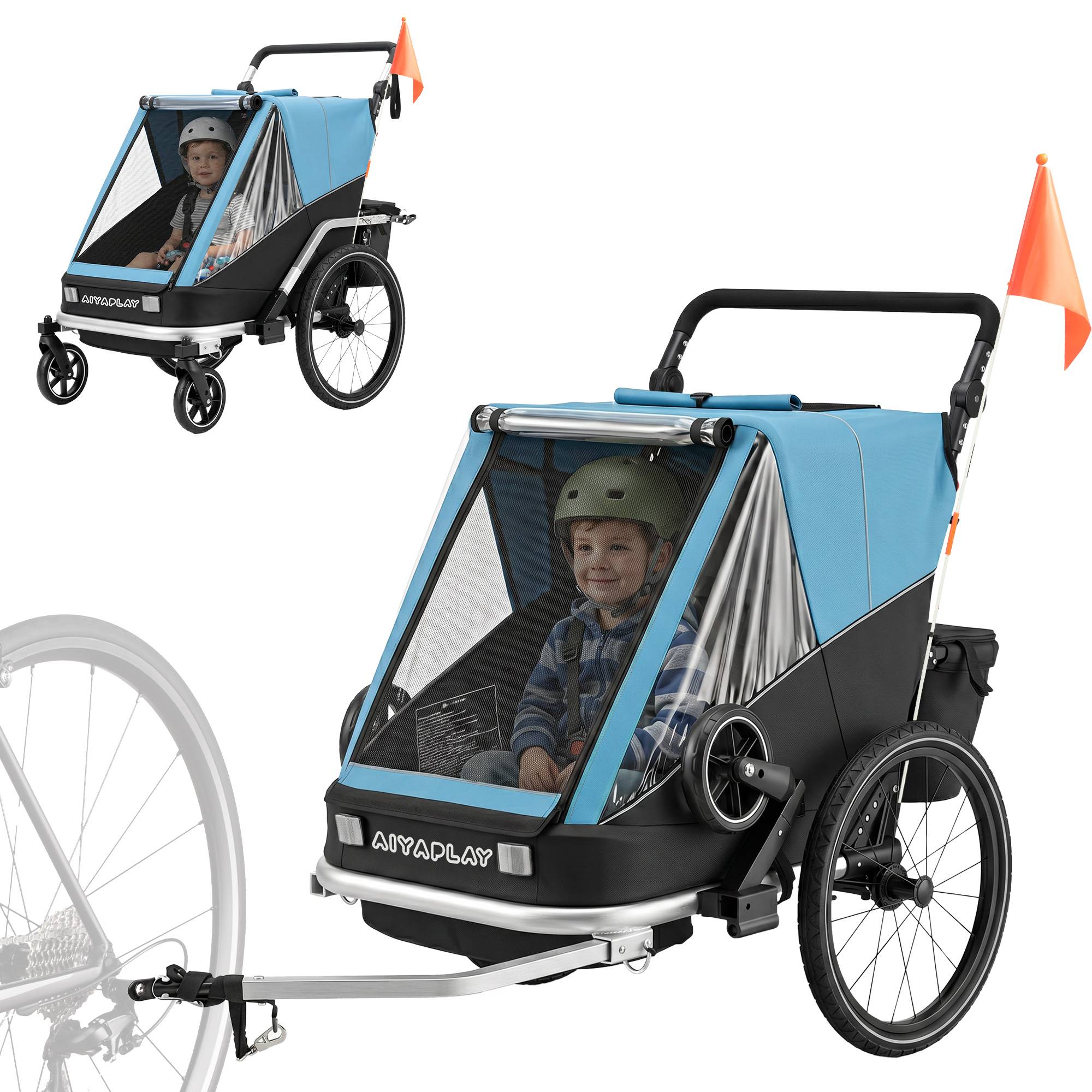 Remorque vélo enfants 2 places, 2-en-1 pliable, siège réglable, sangles, bleu - Image 2