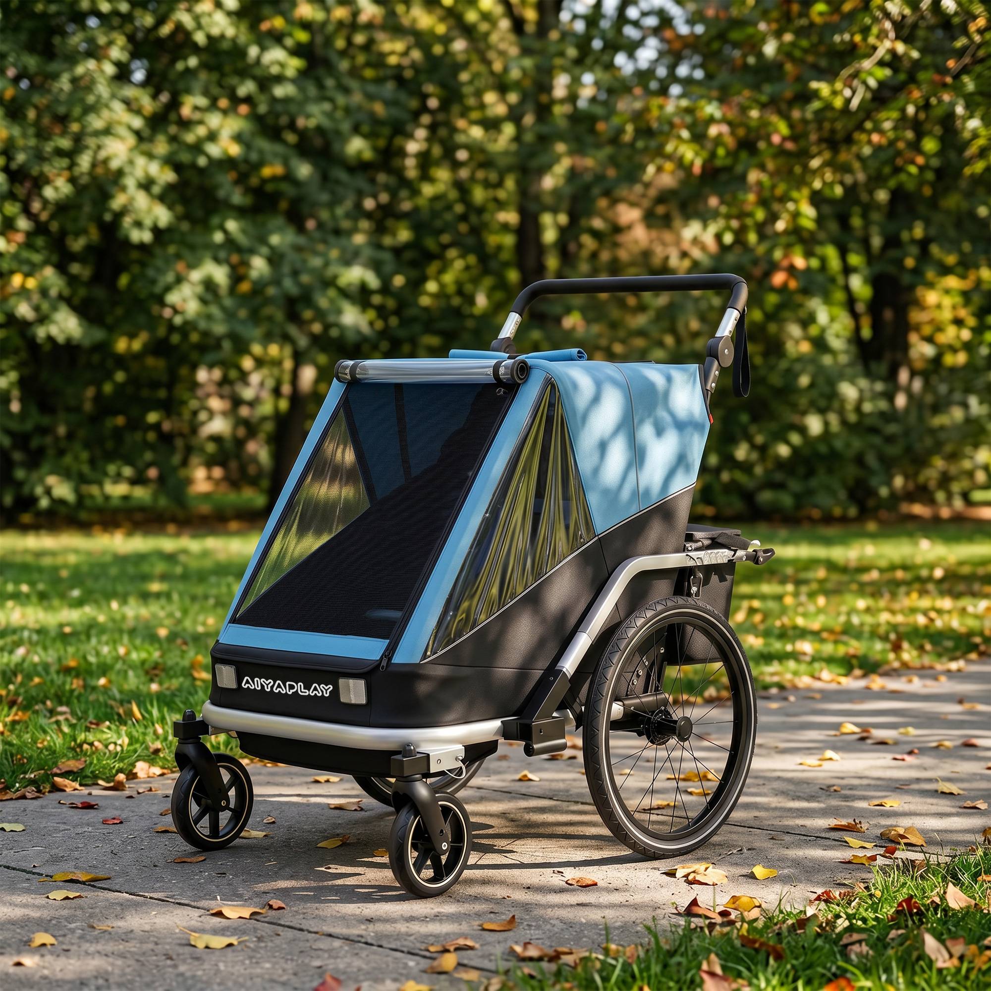 Remorque vélo enfants 2 places, 2-en-1 pliable, siège réglable, sangles, bleu - Image 10