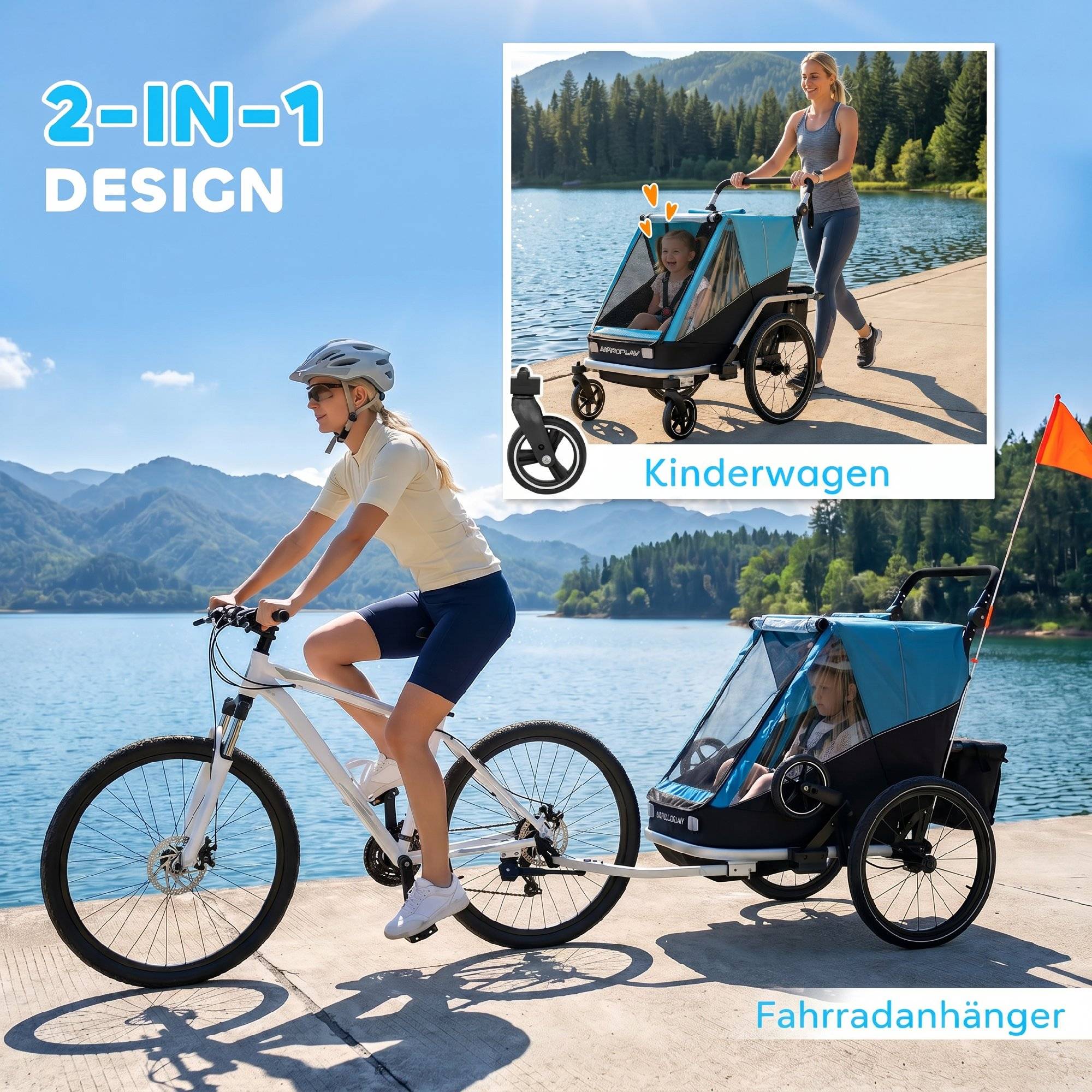 Remorque vélo enfants 2 places, 2-en-1 pliable, siège réglable, sangles, bleu - Image 6
