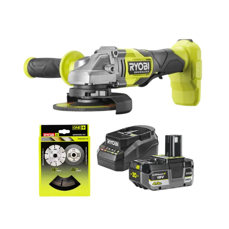 Ryobi - Meuleuse d'angle RYOBI 18V One+ Brushless RAG18BL - 125mm - Batterie 4,0Ah et chargeur - Lot de 6 disques - Image 1