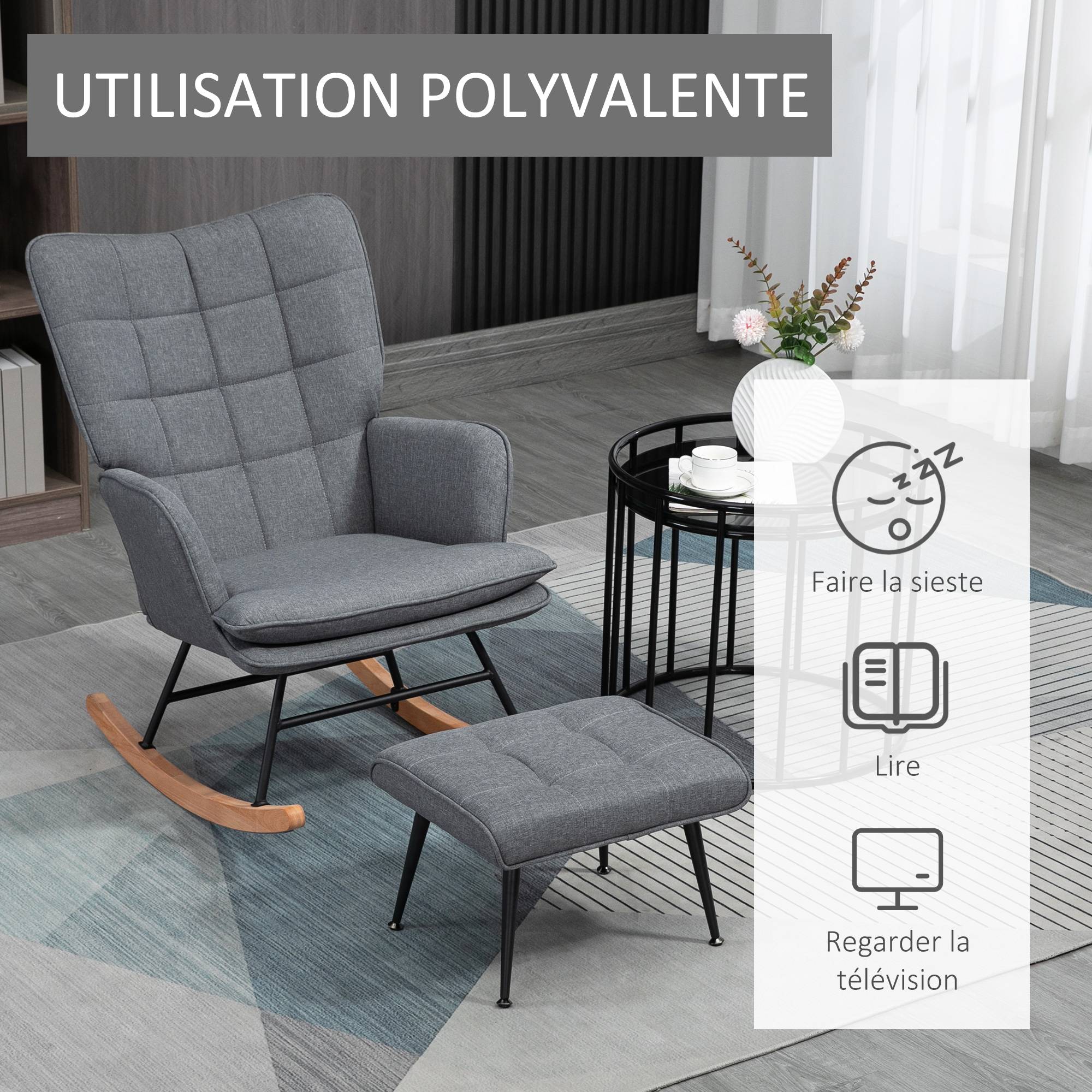 Sans Marque - Fauteuil à bascule avec repose-pieds, rocking chair, assise large, dossier haut, coussin inclus, 64 x 89 x 90 cm, gris - Image 8