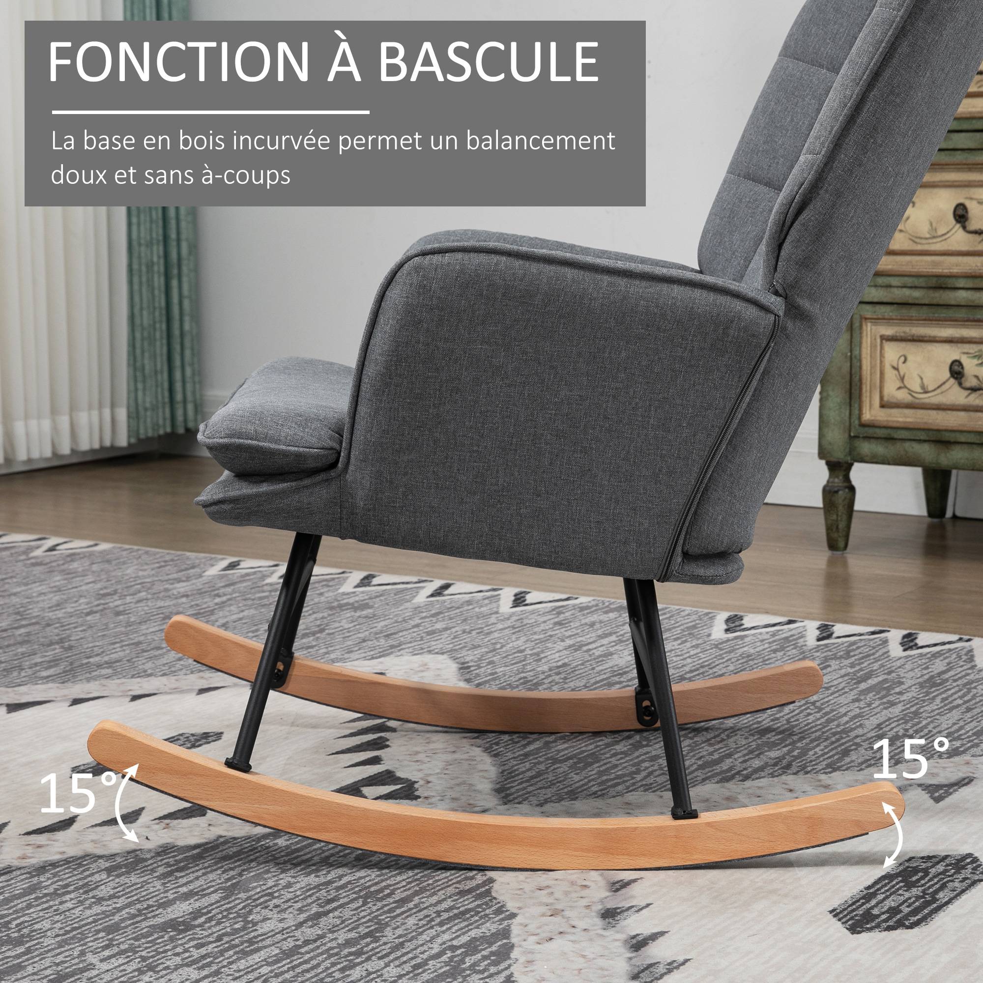 Sans Marque - Fauteuil à bascule avec repose-pieds, rocking chair, assise large, dossier haut, coussin inclus, 64 x 89 x 90 cm, gris - Image 6
